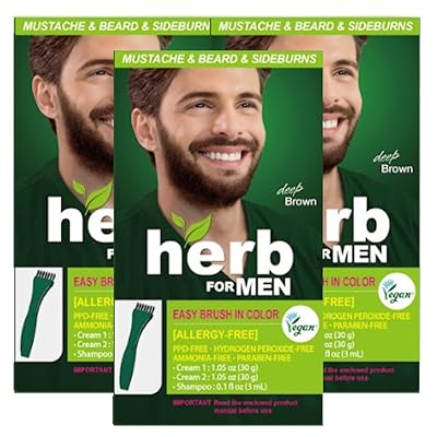 Herb For Men Mustache & Beard Dye Deep Brown, 3 Pack, PPD-Free Ammonia-Free Hypoallergenic Beard Dye Vegan with Natural Ingredients, Odorless, Gentle for Sensitive Skin, No Skin Irritation