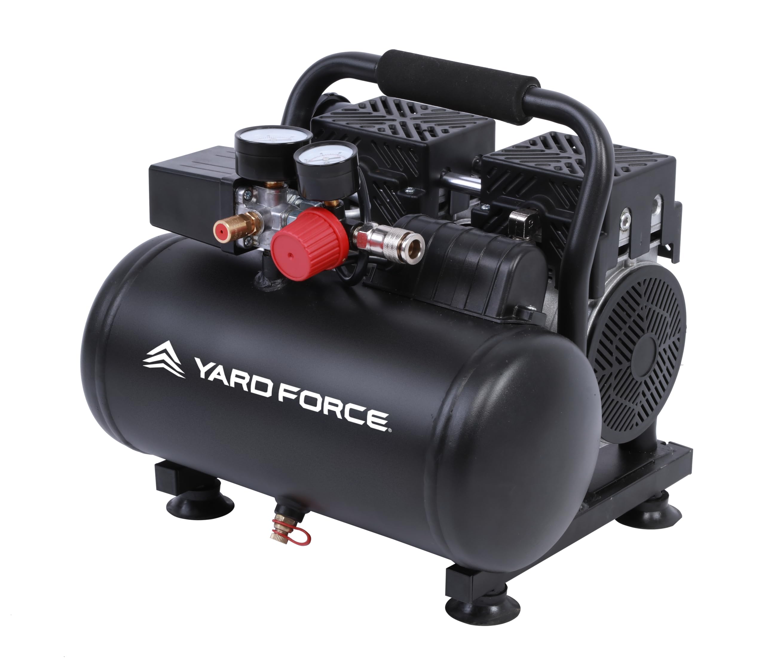Yard Force EX ARC06 - Compresor silencioso (6 L, sin aceite y bajo mantenimiento, presión de funcionamiento de 8 bares, 67 dB silencioso, cilindro doble de 550 W (106 l/min), regulador de presión +