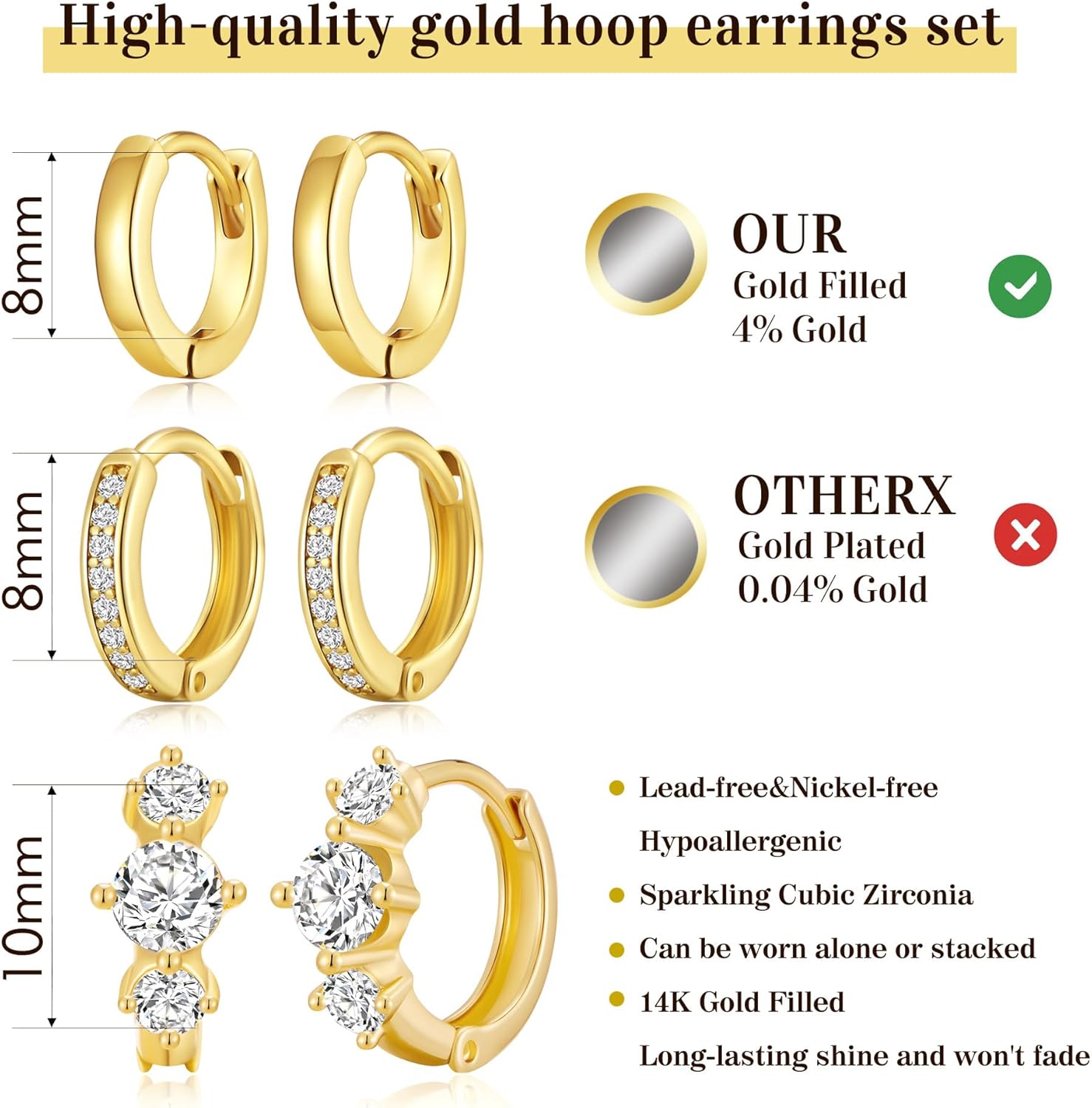 3Pairs Small Gold Huggie Hoop Earrings for Women,Romantic heart,Twisted braid two colors,3 CZ Hoop,5 Round Zircon Sport Hoops Earrings Set,14K Gold Filled Silver Hypoallergenic Earring Excellent gift - Image 3