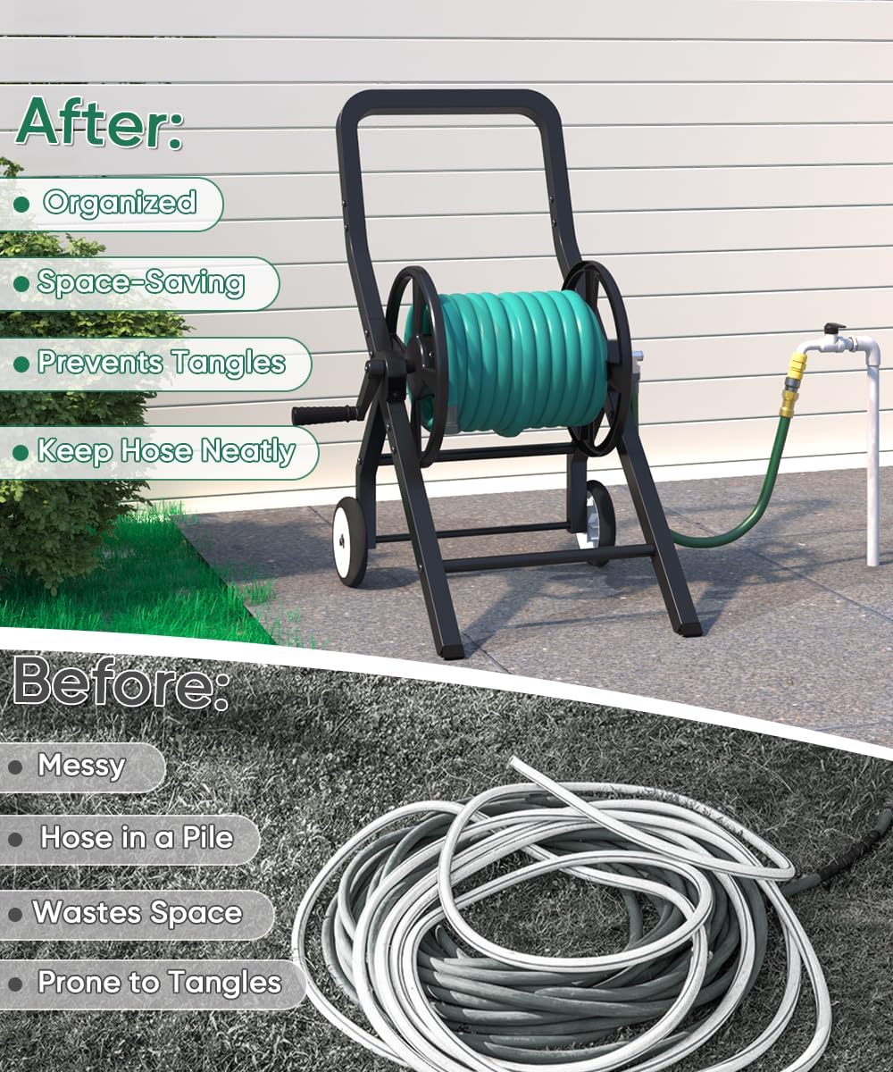 Garden Hose Reel Cart with Wheels, Outdoor Heavy Duty Powder-coated Steel Water Storage Winder Holder, Holds 125 ft of 5/8’’ Hose with 3.9 Ft Leader Hose for Outside Lawn Yard, Black