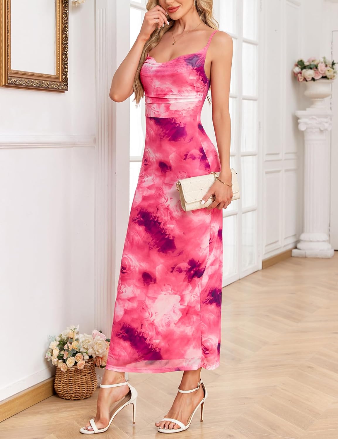 OWIN Women Summer 2025 Floral Dresses Sleeveless Long Mesh Bodycon Maxi Dress Spaghetti Strap Wedding Guest Dress - Image 3