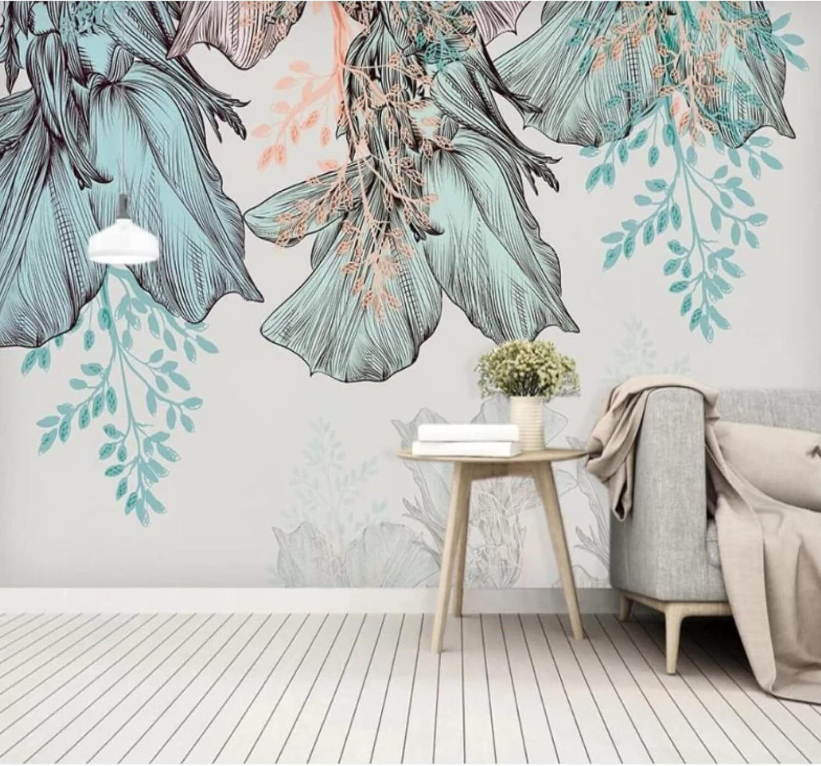 Wallpaper-3D-Xlm 300Cm×210Cm(B×H) Minimalist Hand Painted Blue Leaves Art 3D Wallpaper Easy Install Feature Office Living Room Sofa Bedroom Tv Background Wall Decoration-300Cm×210Cm
