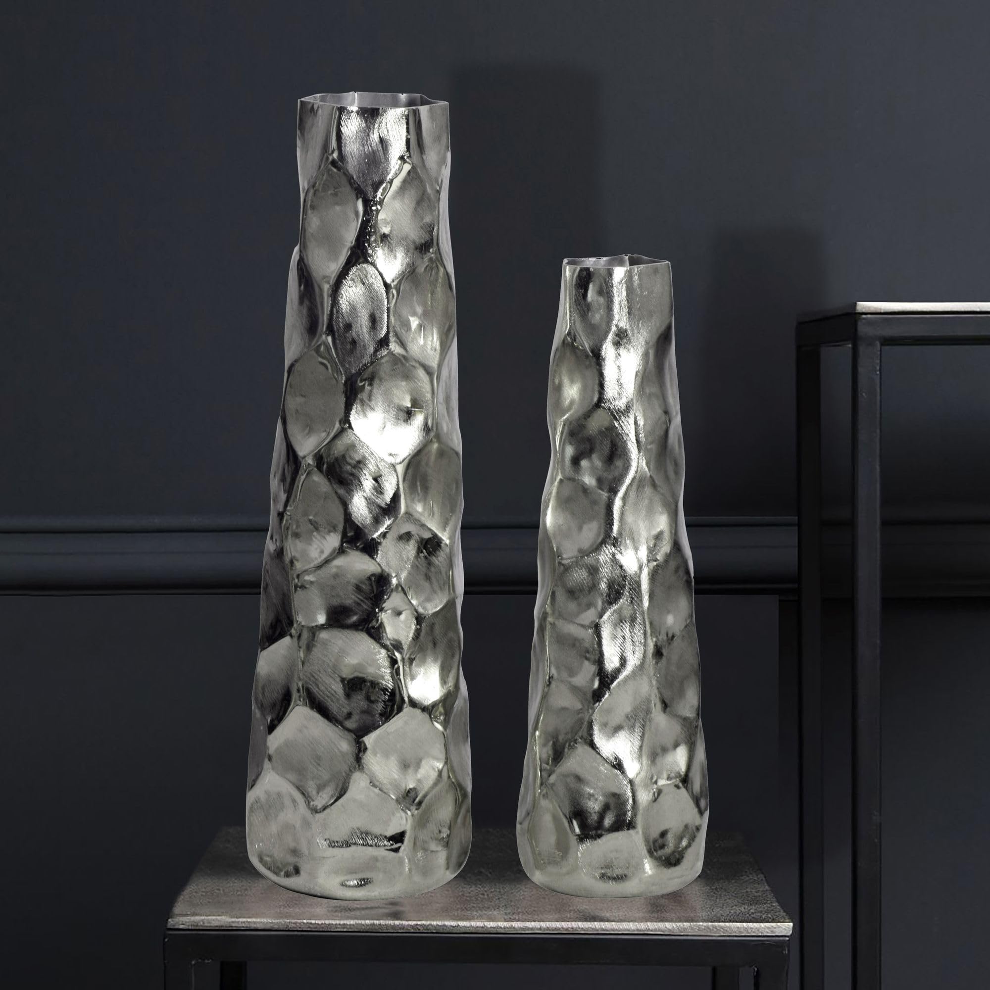 FineBuy Vase 2er Set Aluminium Silber Hammerschlag, Blumenvase | Dekovasen rund, Tischvasen handgefertigt, Wohndeko für Wohnzimmer, Sideboard und Esstisch, Tischdeko