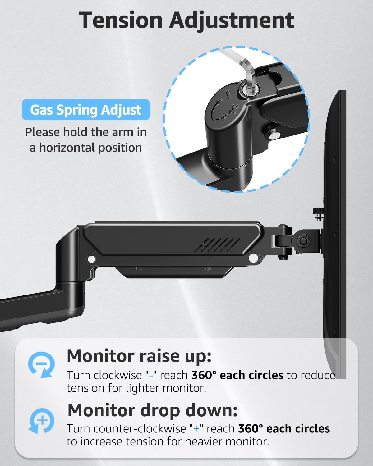 ELIVED Supporto da parete per monitor fino a 9 kg, VESA 75/100 mm, molla a gas PC, monitor Hatlerung a parete, girevole a 360°, doppio supporto per monitor EV6022
