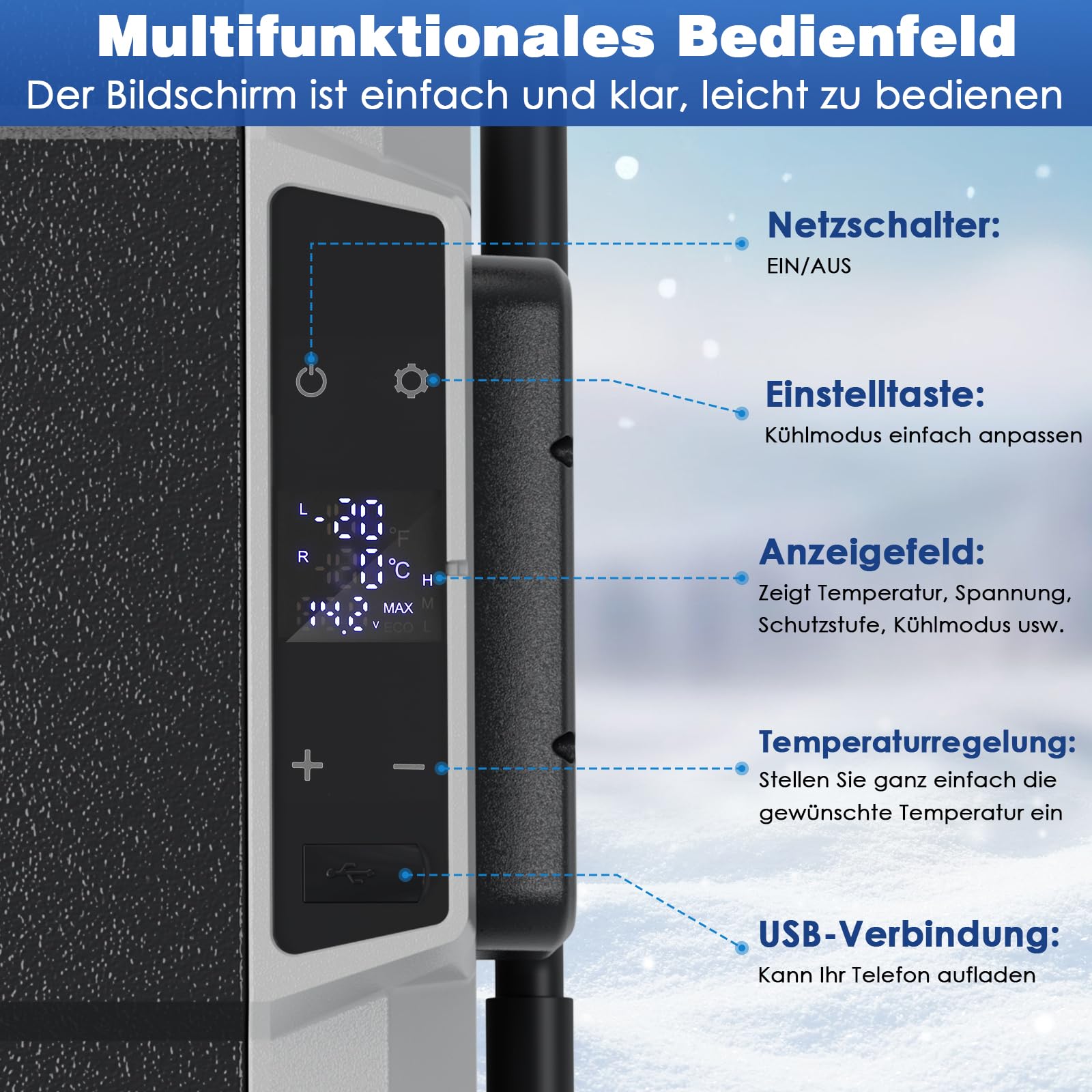 LIFERUN Kompressor Kühlbox, 32 Liter Kompressor Gefrierbox mit LED-Licht, 2PCS Räder, MAX/ECO Modus, bis -20℃, Kühlbox Auto DC 12/24V, Kühltasche Elektrisch AC 100-240V, Mobil Kühlschrank für Camping