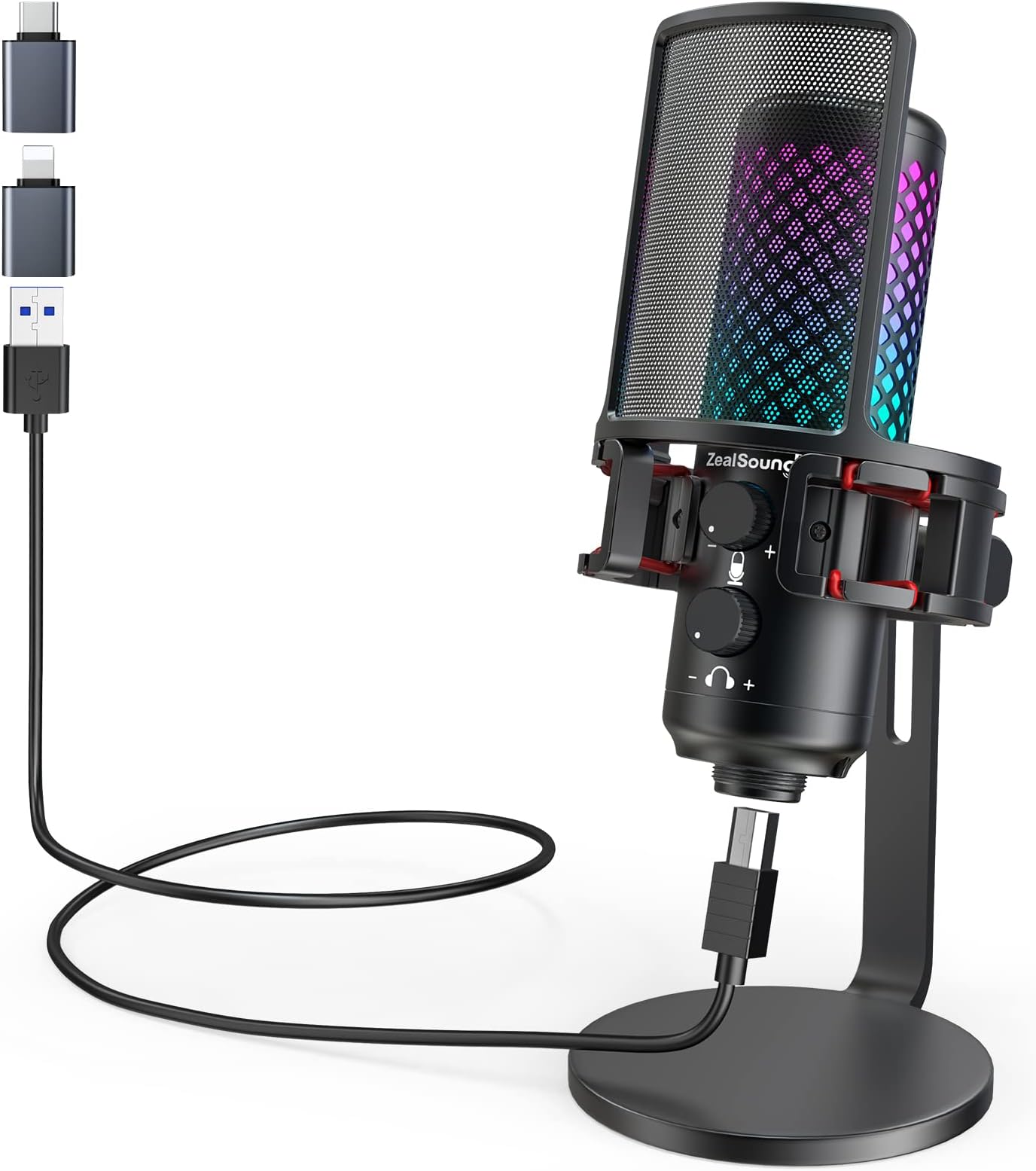 ZealSound USB Microphone for iPhone iPad Phone PC,RGB Gaming Microphone with Full Metal,Mute,Pop Filter,Gain for Podcasting,Streaming,YouTube,Voice Over