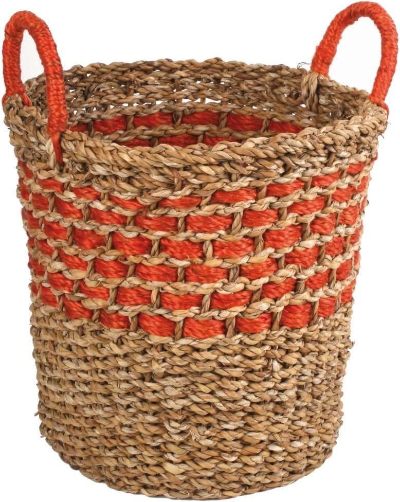 WASTE PAPER BASKET / WOVEN BASKET WITH HANDLE Ø 30CM – SEA GRASS & JUTE - FAIR TRADE (Orange)