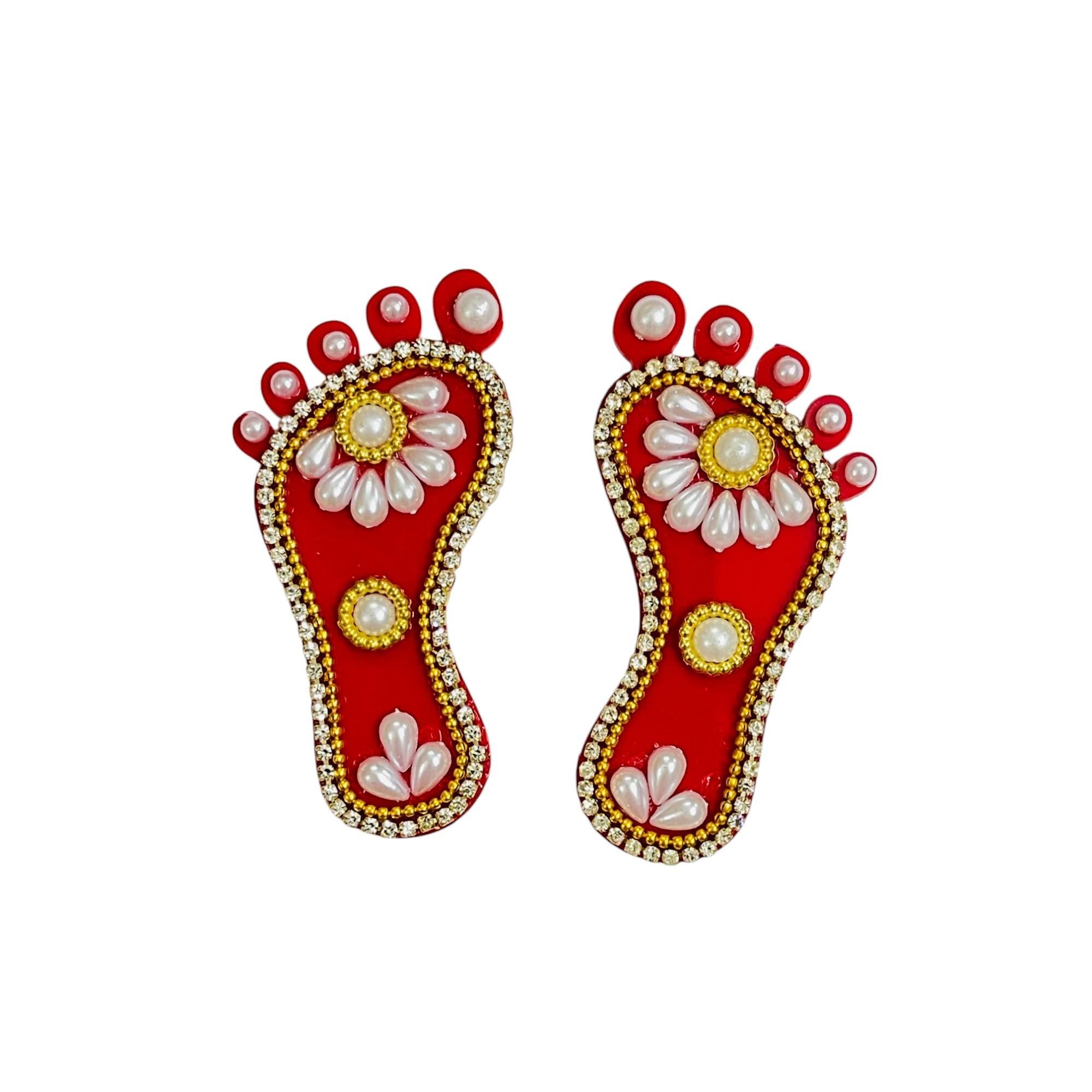 Kriwin 2 Pairs Decorative Laxmi Charan Paduka, Embellished Footprints, Religious Festival Decor (Pearl, 3 inch) 2