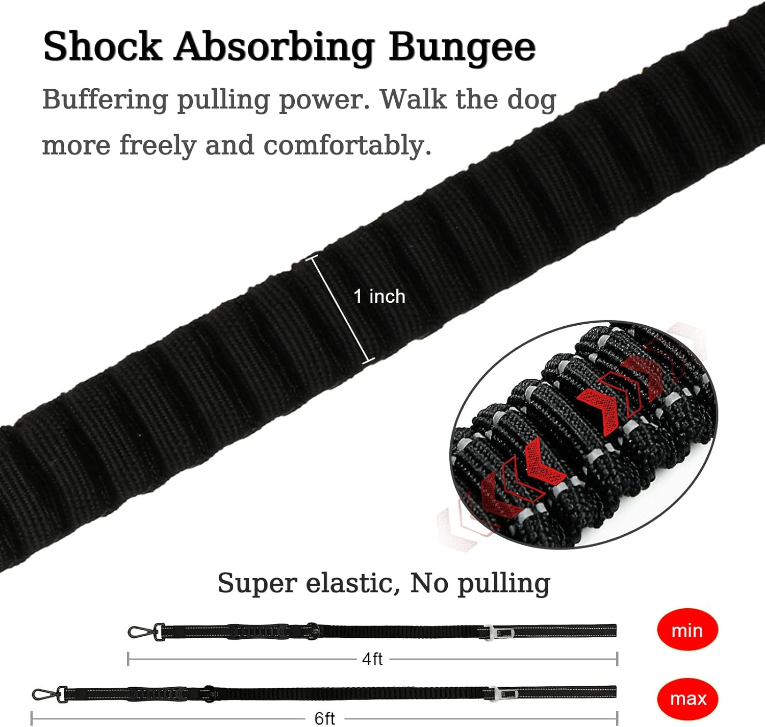 Heavy Duty Bungee Dog Leash for Large Medium Dogs - 6 Ft Reflective Dog Shock Absorbing Training Leash with Double Traffic Handles - Dog Car Seat Belt - Strong Climbing Rope, Black