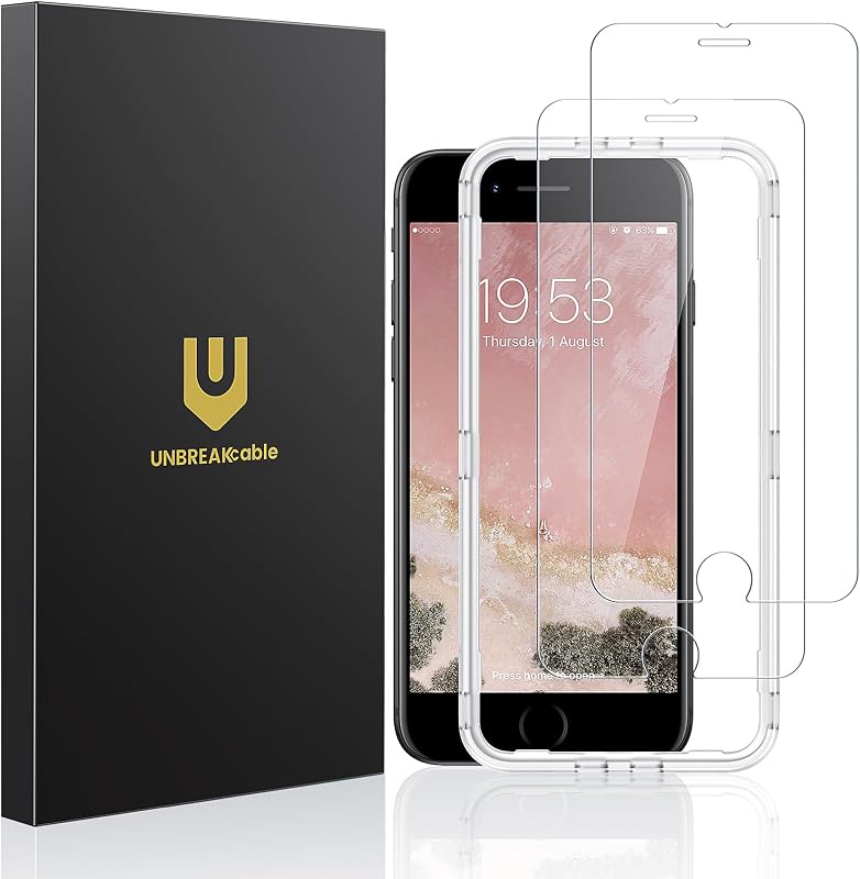 UNBREAKcable Paquete de 2 protectores de pantalla para iPhone SE 2022/SE 2020, iPhone 8/7 | Vidrio templado irrompible, fácil instalación, dureza 9H, 99,99 % HD transparente, sin burbujas, antihuellas, apto para carcasas