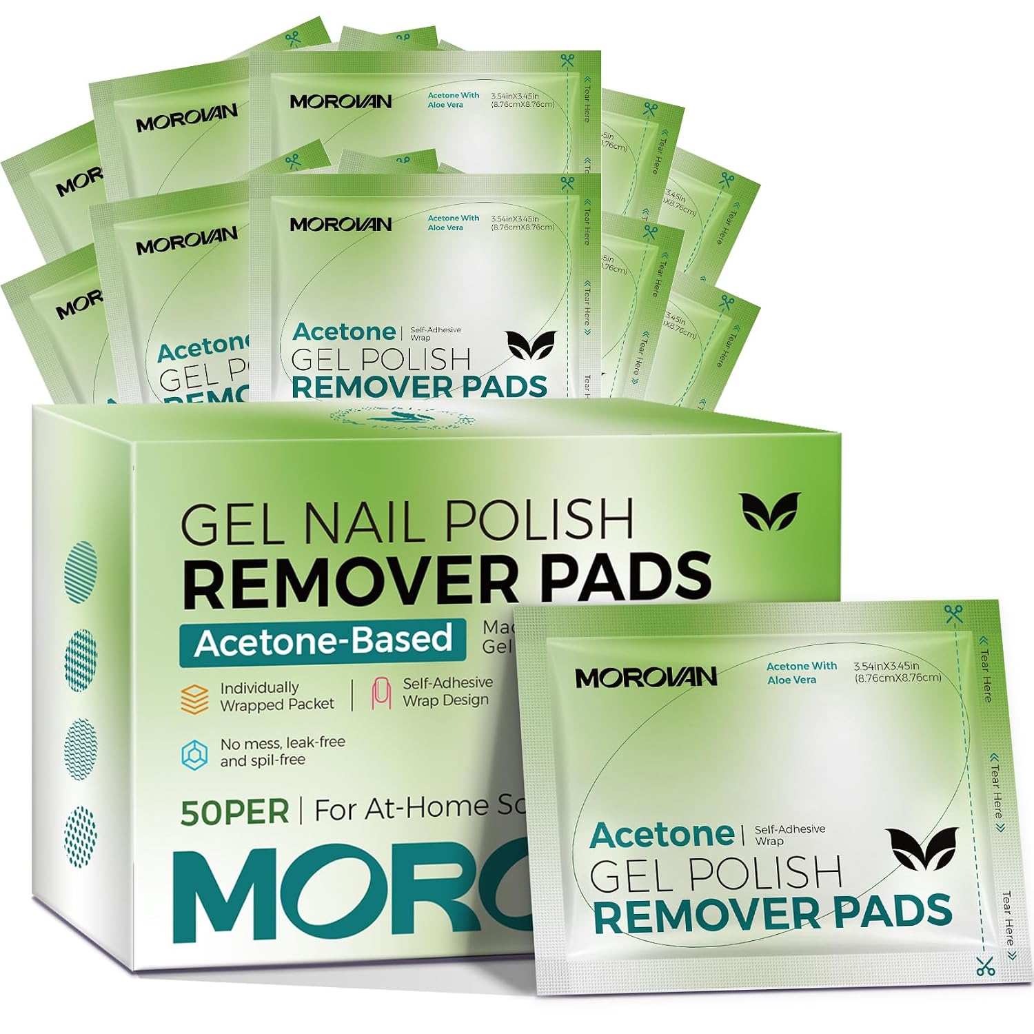 Morovan Nail Polish Remover Pads, 50 Count Grape Scent Acetone Nail Polish Remover Wipes Wrapped Gel Polish Remover for Regular Polish, Glitter Polish, Nail Tips & Press On Nails