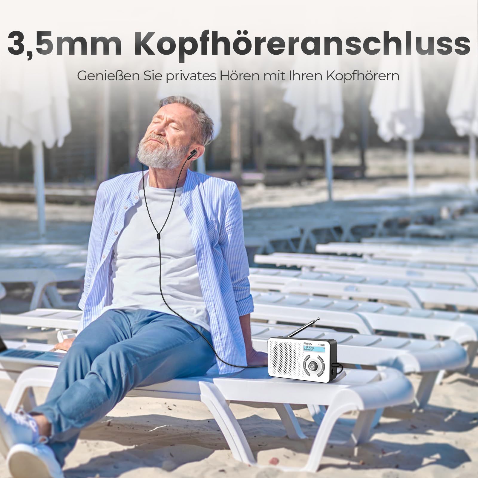 PRUNUS J-408 UKW DAB Radio mit Bluetooth 5.3, DAB Plus Radio Batteriebetrieben oder 2000mAh Akkubetrieb, Digital Radio mit 40-FM & 40-DAB Voreinstellungen, Kopfhörerbuchse/Dual Alarm/Sleep-Timer.