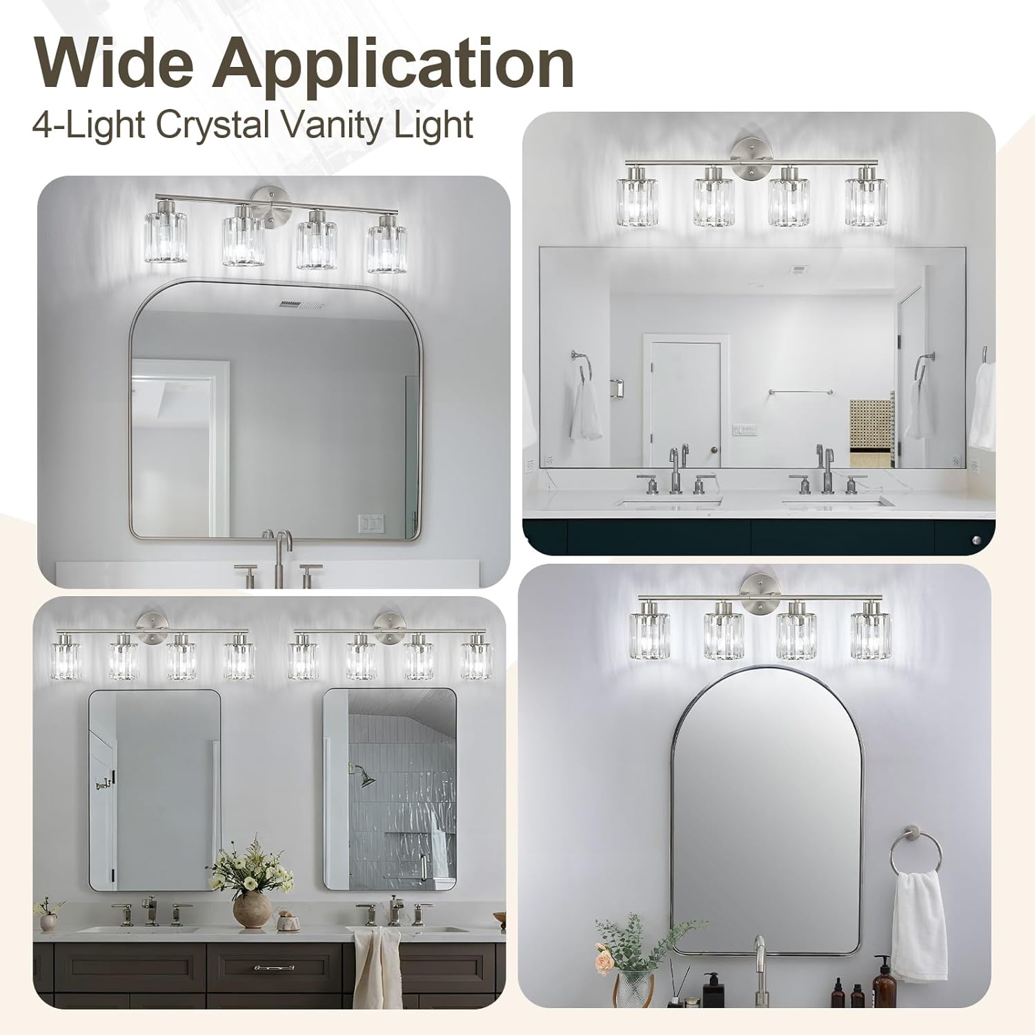 Crystal Bathroom Light Fixtures, Bathroom Lighting Fixtures Over Mirror, Modern 4-Light Brushed Nickel Vanity Lights for Mirror, Restroom, Kitchen(Ceramic E26 Socket,Bulbs Not Include)