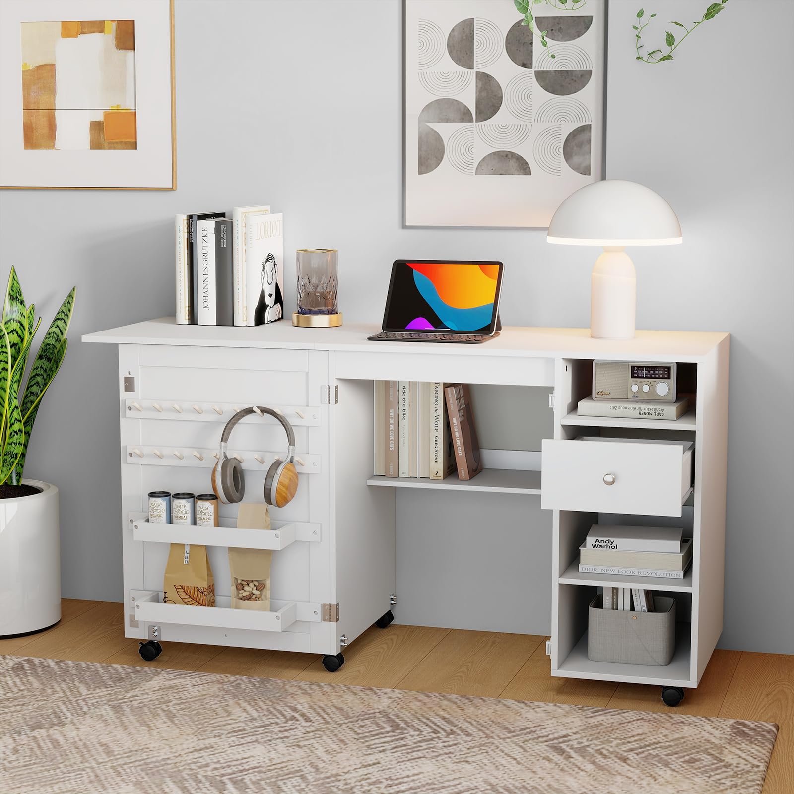 RELAX4LIFE Table de Couture Pliante - 18 Crochets, 2 Plateaux, 3 Compartiments, Tiroir, 4 roulettes Verrouillables, Table de Machine à Coudre en Bois, Meuble Couture Gain de Place pour Aiguilles Fils