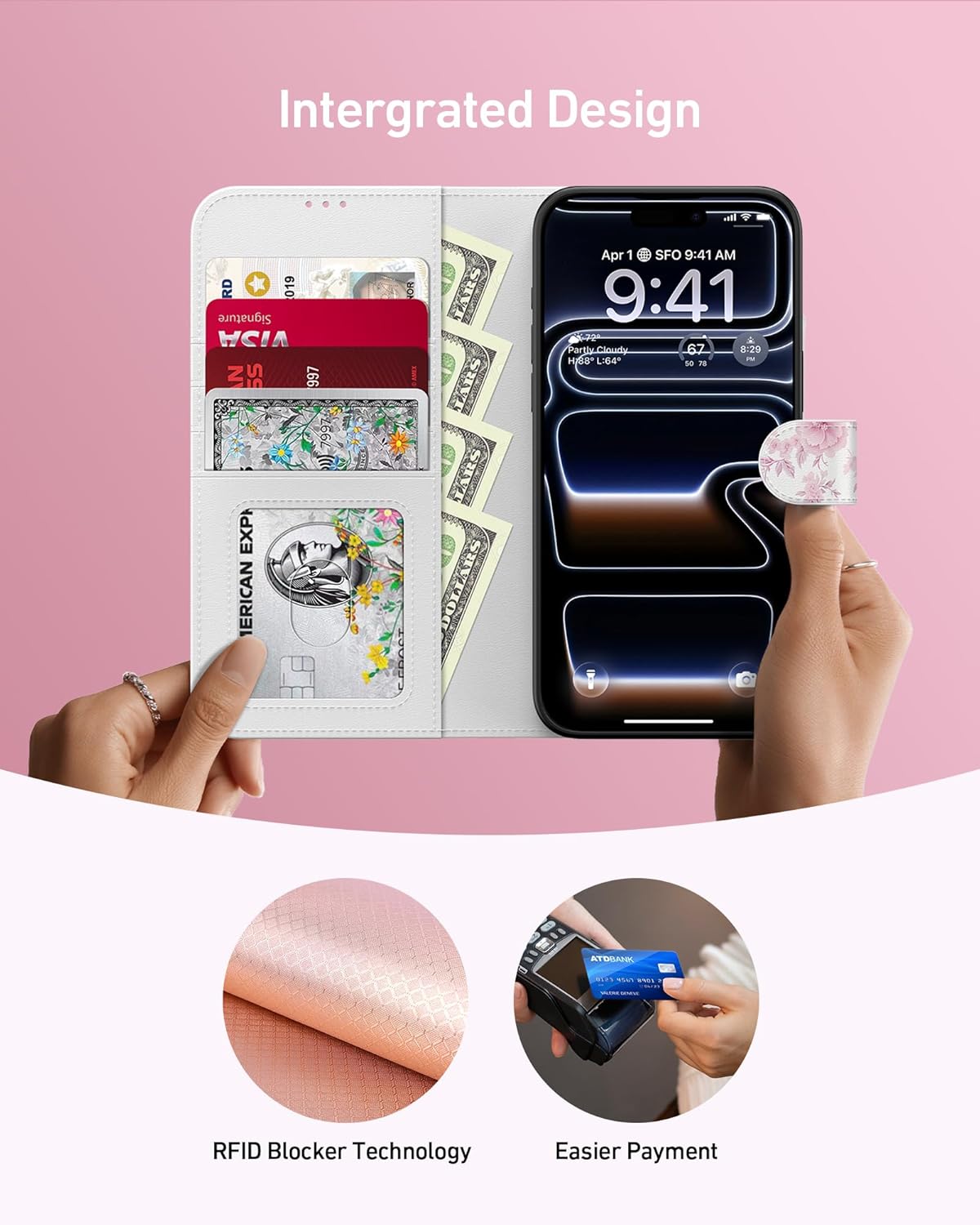 DEENAKIN for iPhone 17 Pro Wallet Case with Card Holder + Cash Clip, RFID-Blocking, Military-Grade Drop Protection, Magnetic Closure with Leather Kickstand - Blooming Pink Roses - Image 2