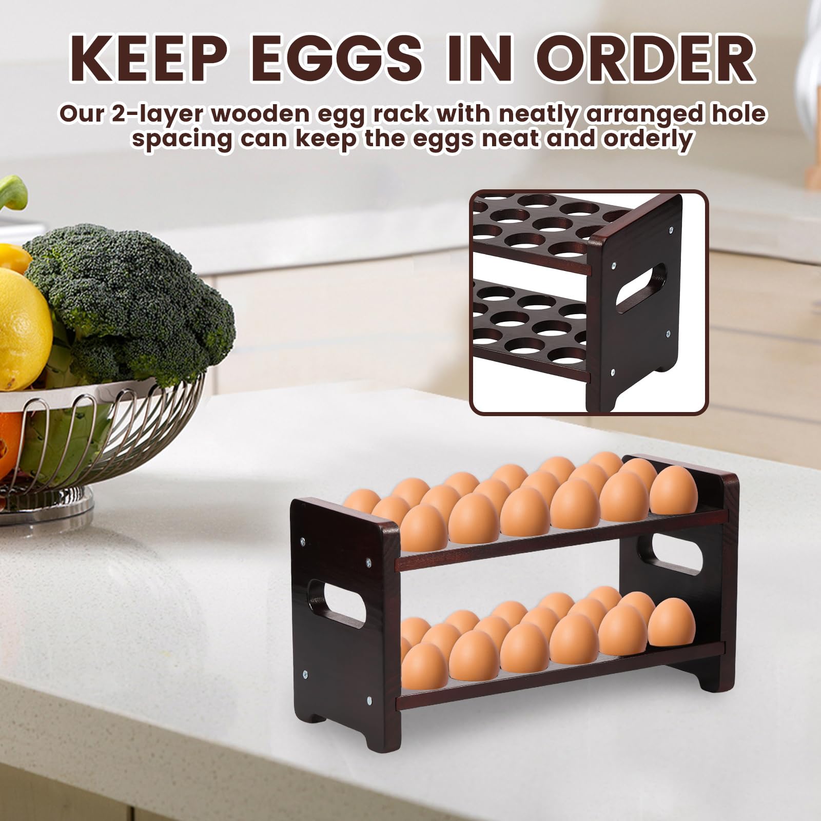 Soporte de madera para huevos, estante de almacenamiento de 2 niveles para 36 huevos, cesta de huevos de granja para recoger huevos frescos, soporte de exhibición de almacenamiento de bandeja de