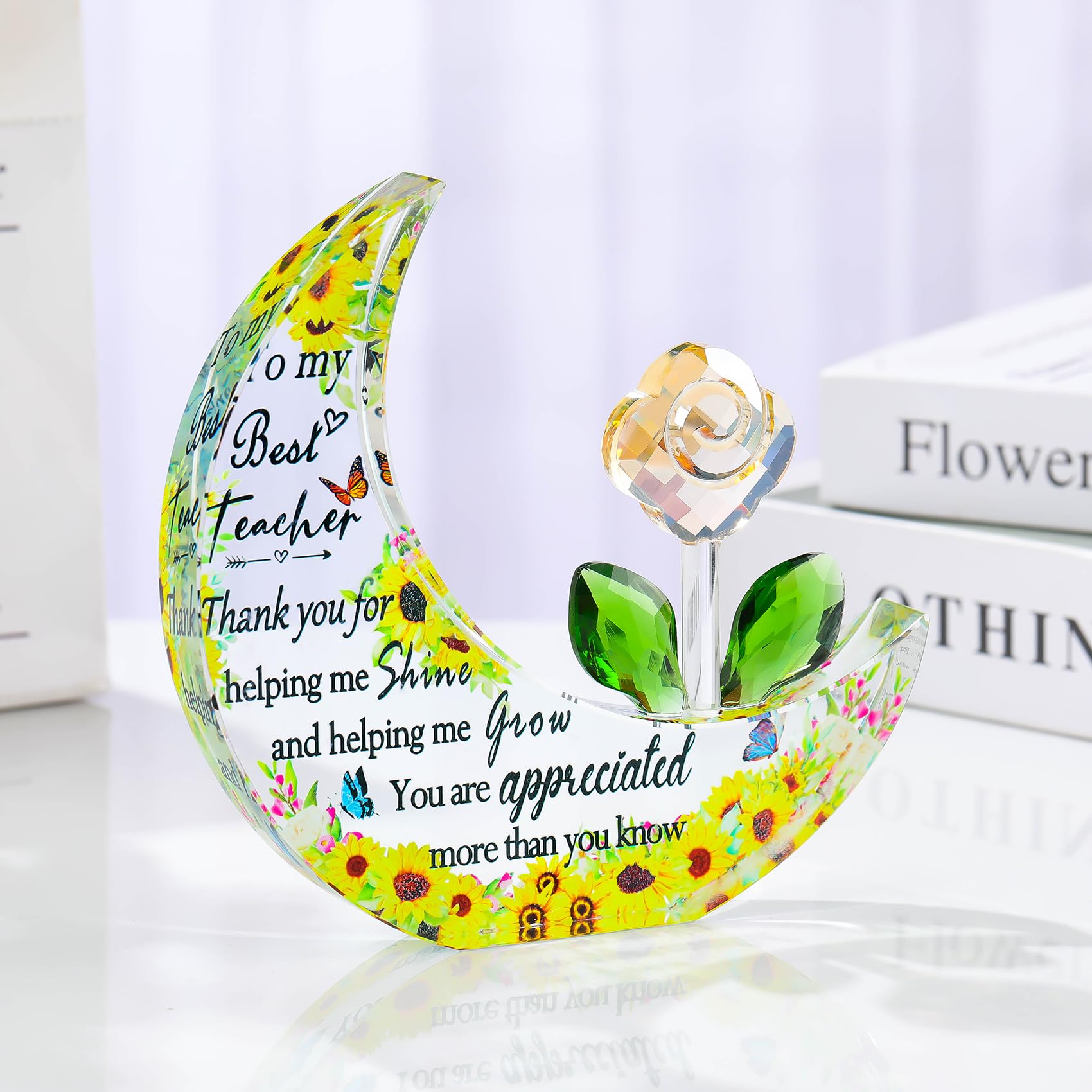 Movdyka Appreciation Gifts for Teacher from Kids Students Moon-shaped Plaque Thank You Gift for Teachers Women on End of Term Graduation Glass Thoughtful Keepsake Ornaments - Image 4