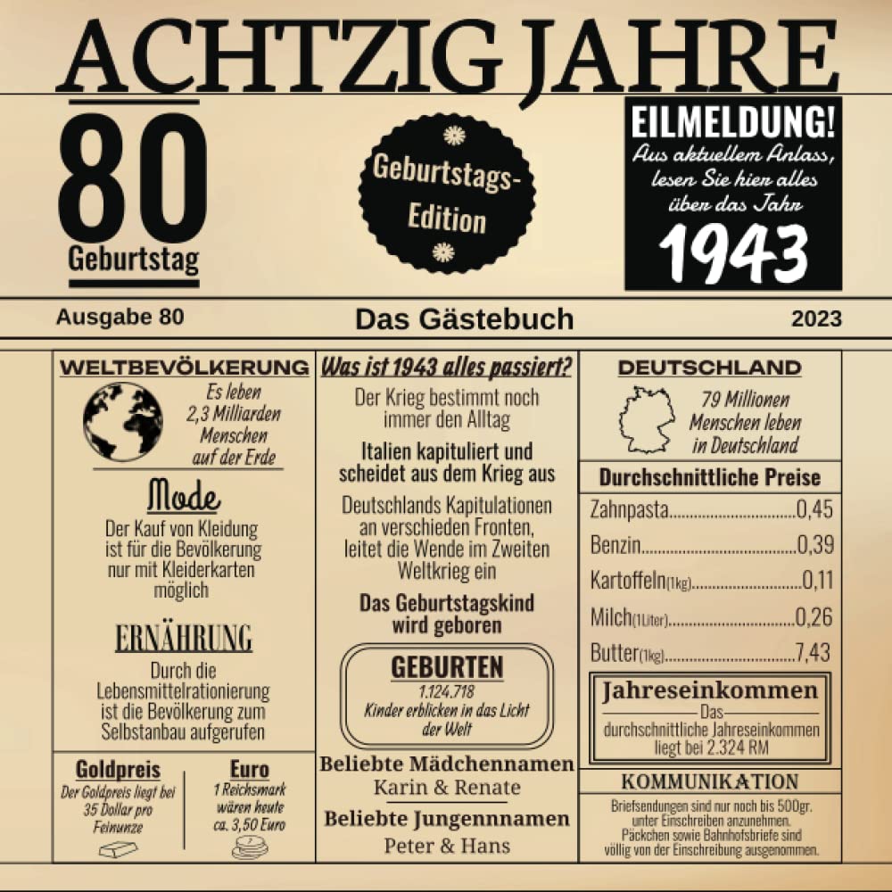 Achtzig Jahre Das Gästebuch Zum 80 Geburtstag 2023 / Geburtsjahr 1943 / Zeitung Design Mit