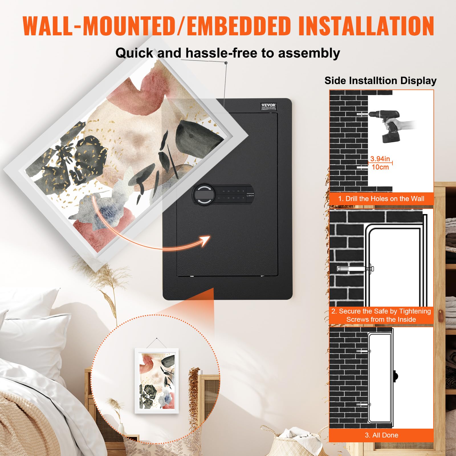 VEVOR Cassaforte da Muro 650x420x100 mm Cassaforte con 3 Livelli 3 Ripiani Rimovibili Luce LED Allarme a Vibrazione, Tastiera Impronta Digitale per Passaporti Armi Lunghe Gioielli Contanti Documenti