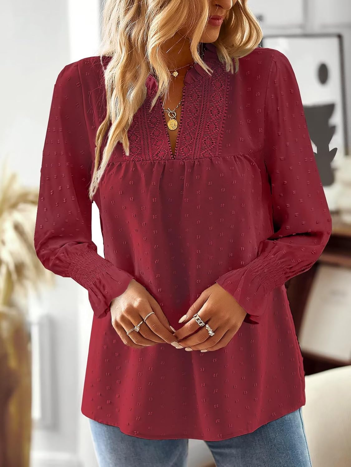 Boho Tops for Women V Neck Blouses Flowy Swiss Dot Dressy Casual Lace Womens Long Sleeve Shirts Trendy 2026 - Image 5