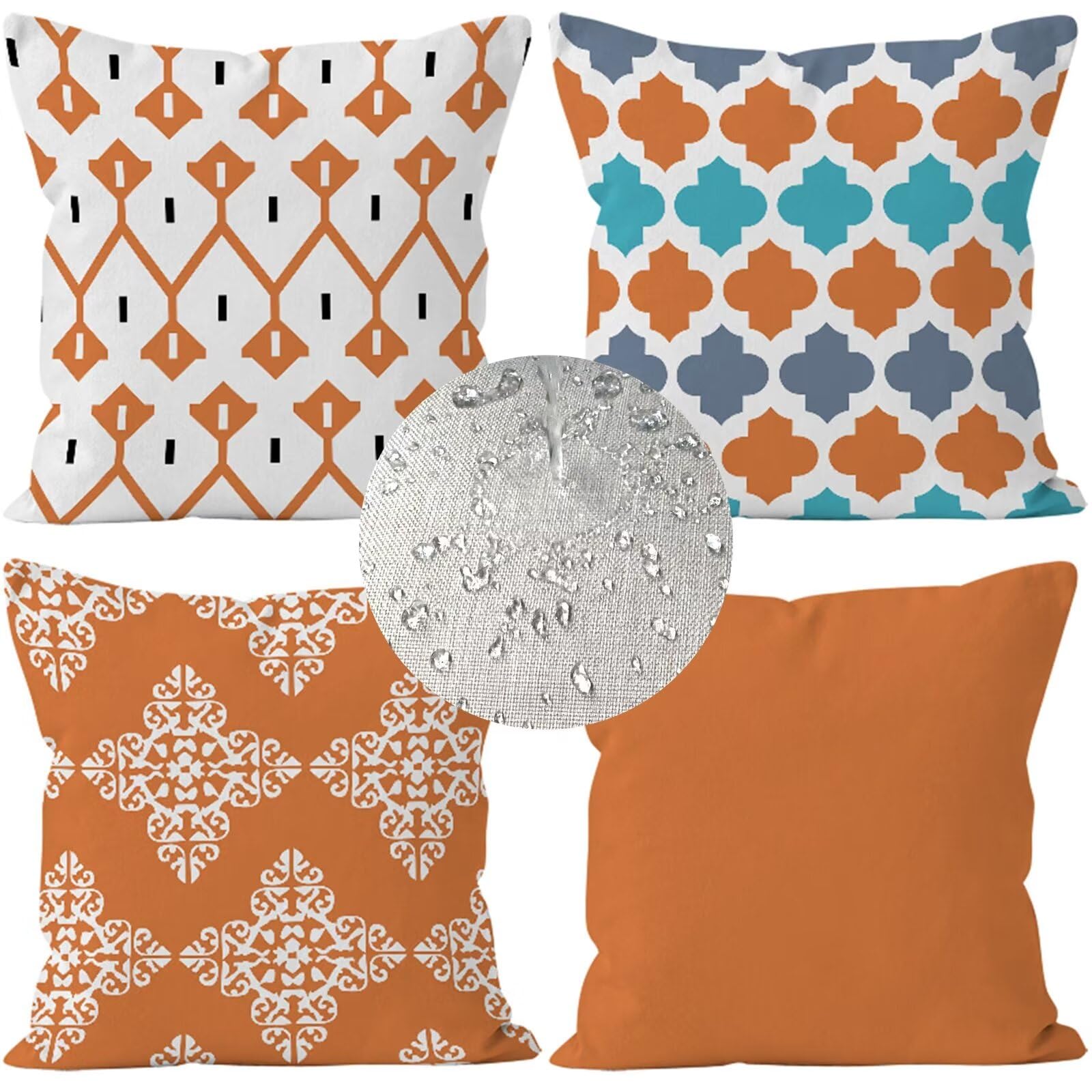 Orange Cushion Covers 30x30cm Pack of 4 Cushions,Summer Waterproof Geometry Square Double Sided Linen Outdoor Cushions,for Sofa Couch Bedroom Office Car Autumn Home Decor Sofa Covers 12x12in WS-7682