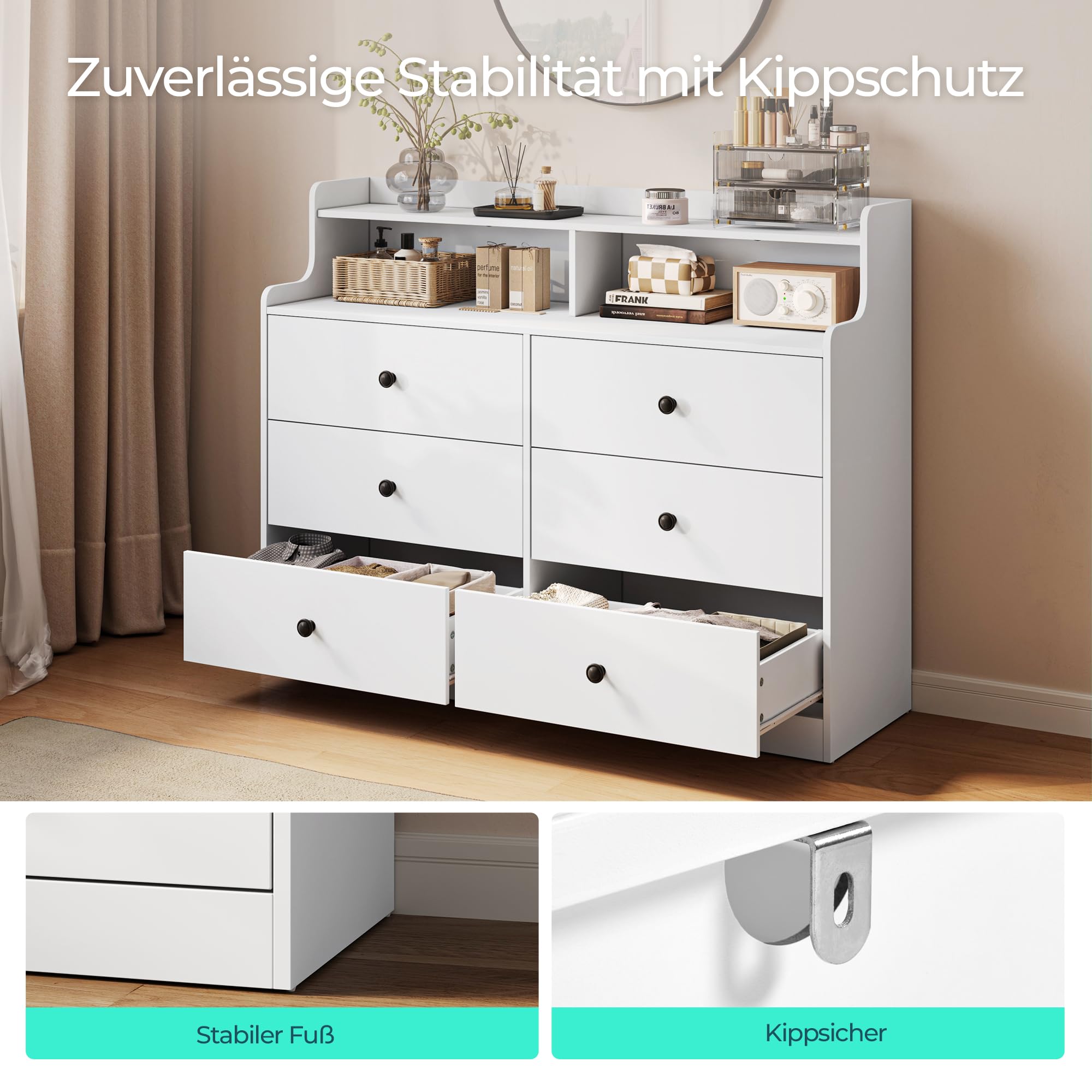 LINSY HOME Kommode mit 6 Schubladen, Weiß – Hochwertiger Schubladenschrank aus Holz, Wäschekommode fürs Schlafzimmer, Modernes Design, Maße: 133 × 102,8 × 39,8 cm | Hochwertiger Schubladenschrank aus Holz, Wäschekommode fürs Schlafzimmer, Modernes Design,