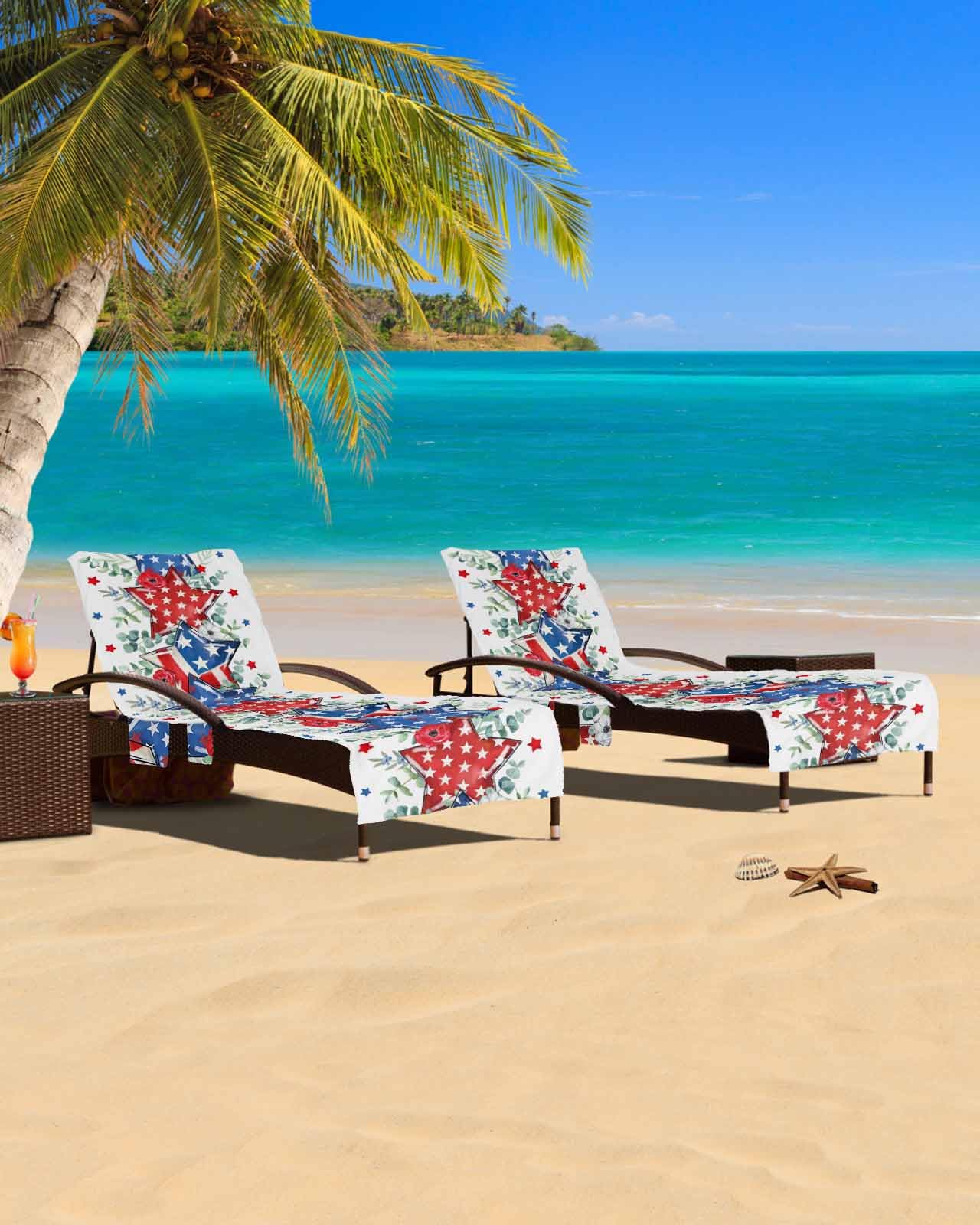 Stars Eucalyptus Beach Chair Cover with Side Pockets, Microfiber & Quick Dry Pool Chaise Lounge Chair Towels Covers for Sun Sunbathing Patio Garden Hotel, Patriotic 4th of July American Flag