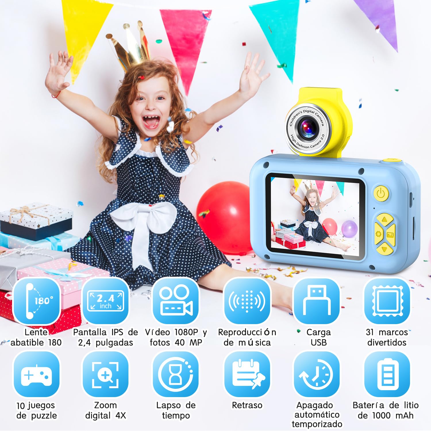 Camara Fotos Infantil,ARNSSIEN Camara de Fotos para Niños con Pantalla de 2,4”,Lente de180°Flip, Juguete Regalo 3-12 Niña Niño de Navidad Cumpleaños
