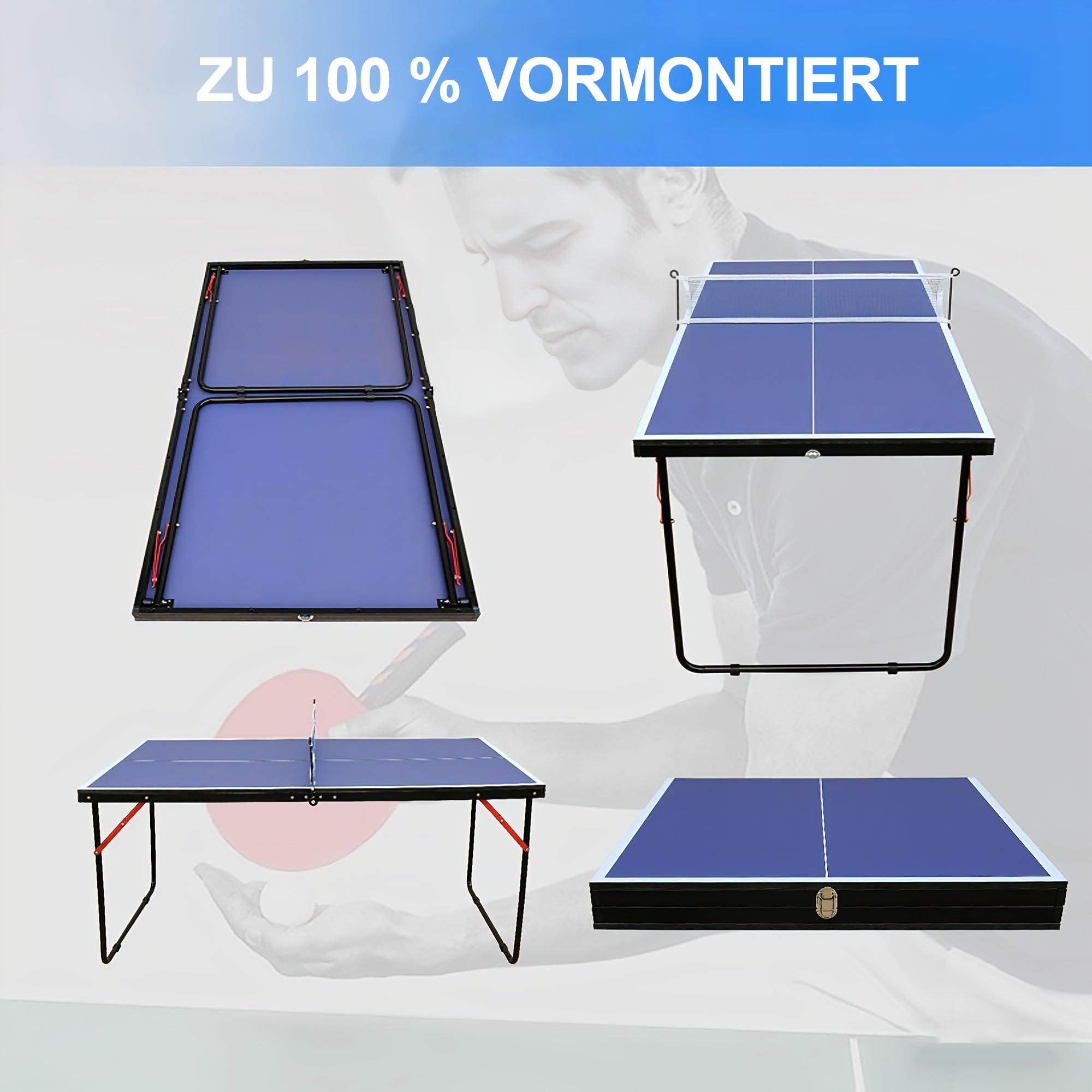Tischtennisplatte mit Netz & Schläger-Set, Outdoor & Indoor klappbar – inklusive 2 Schlägern und Bällen, Stabiles Design mit Blauer Spielfläche – Einfacher Aufbau für Kinder und Erwachsene