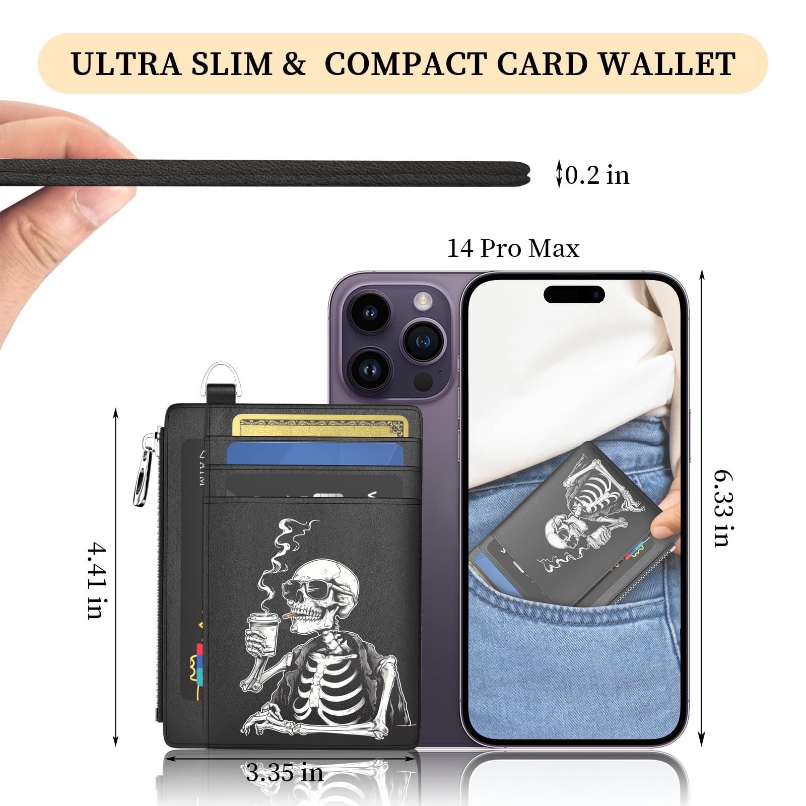Hancynir Slim Wallet Women Credit Card Holder Coffee Skull Skeleton RFID Small Mini Card Case Front Pocket PU Leather Thin Travel Zipper Coin Cash ID Window Ladies Female Wallet Gifts
