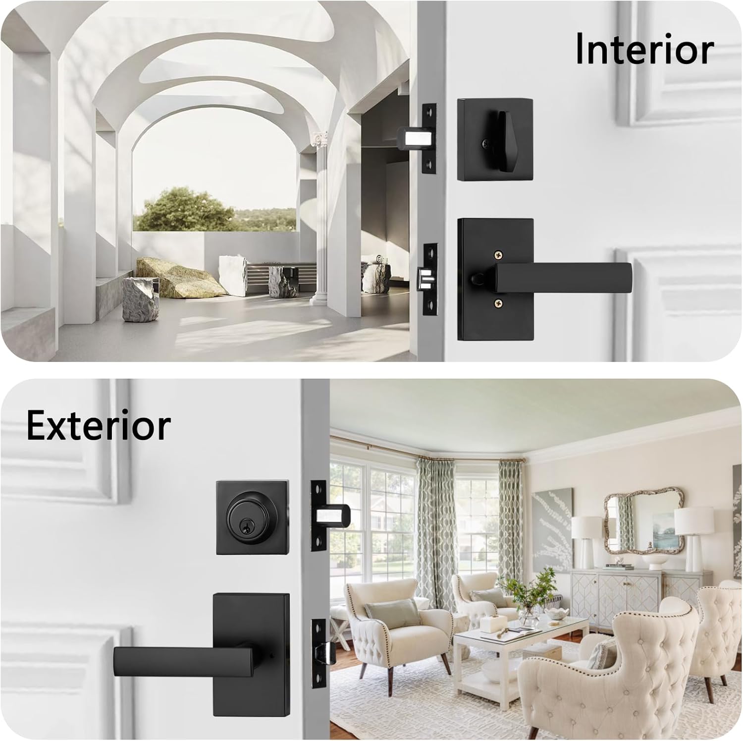 2 Pack Matt Black Exterior Door Lock Setl, Front Door Handle with Deadbolt Lock, Heavy Duty Entry Door Handlset