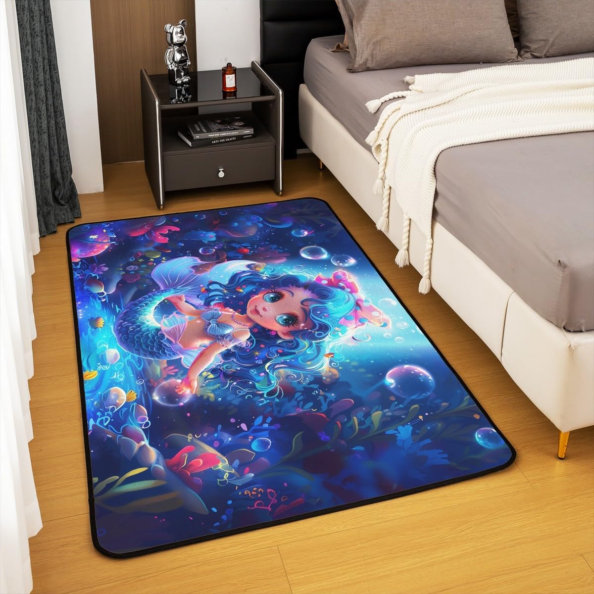 Little Mermaid Princess Area Rug 3'x 5'x 0.39'' Dreamy Bubbles Kawaii Mermaid Girl Indoor Floor Mat for Kids Teens Adults Underwater View Cartoon Plants Non Slip Rug for Bedside Party