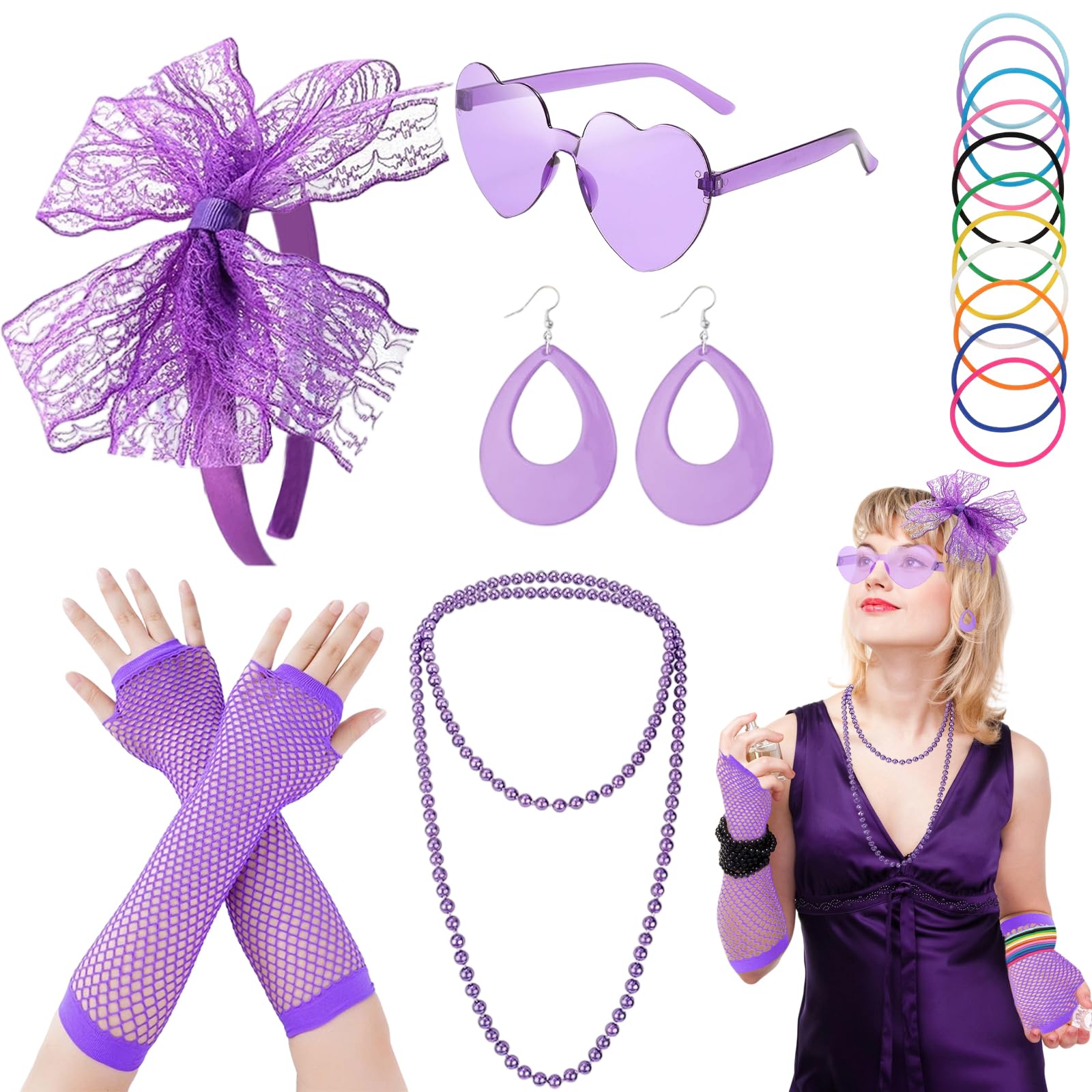 CERCTLA 80s Fancy Dress for Women Girls 1980s Accessories for Women Costume Neon Party Kit with Headbands Earrings Fishnet Gloves Sunglasses for Retro Party Purple