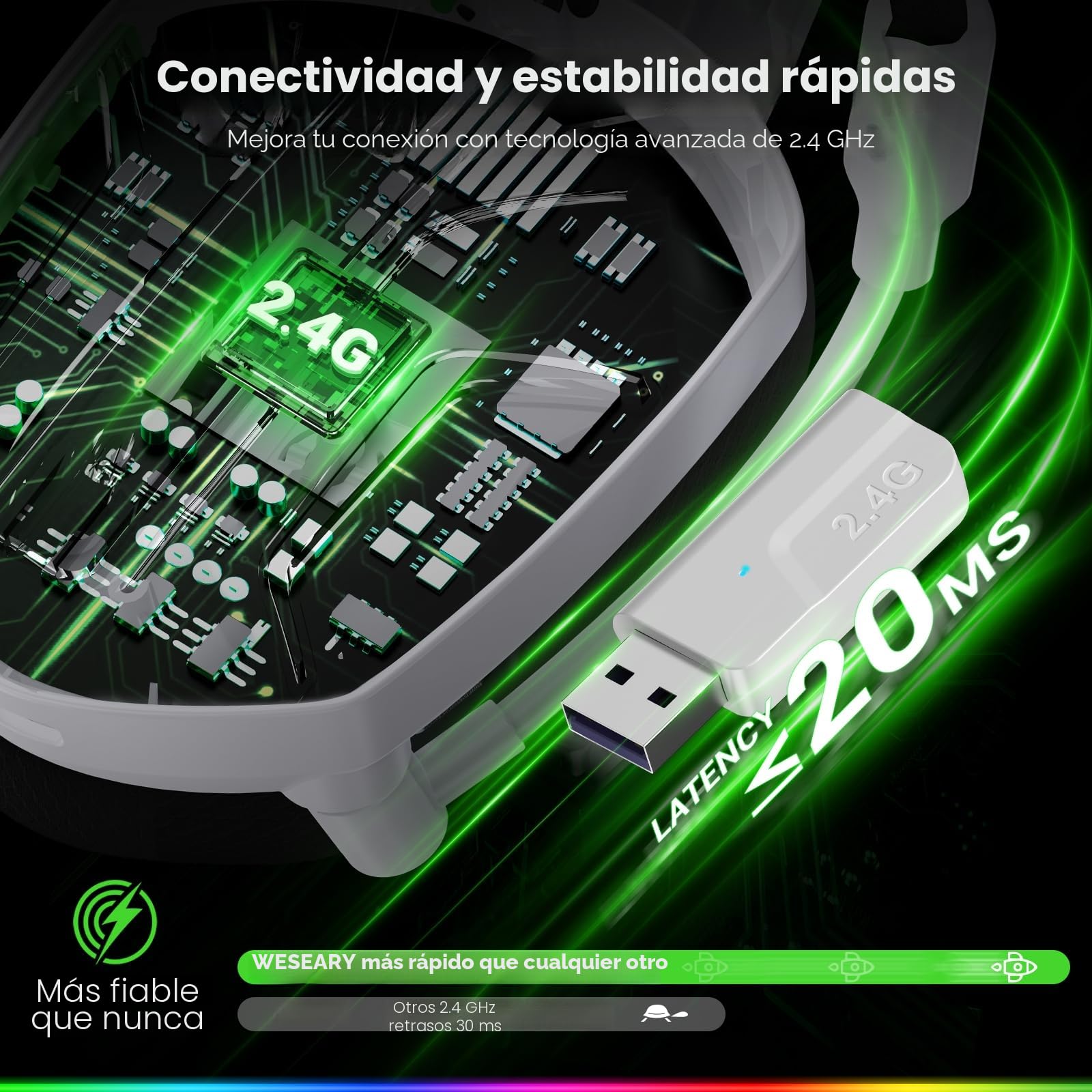WESEARY WG1 Cascos Gaming Inalambricos, Auriculares Gaming Inalambricos para PS5, PS4, PC, Switch, Sonido Estéreo Auriculares Gaming con Microfono, Cascos con Luz LED, Duración 50Hr+
