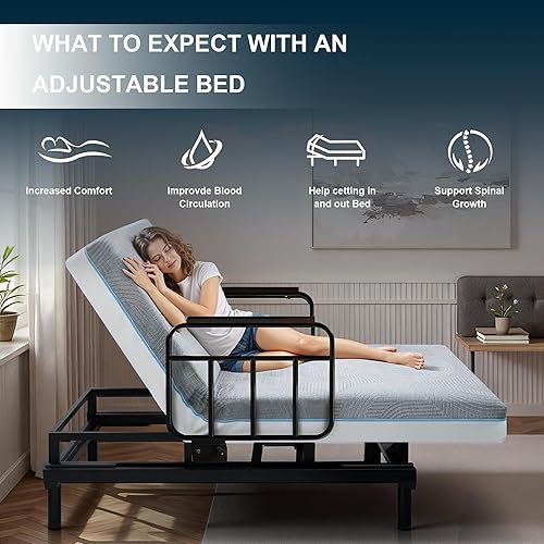 Miniatura 3 de Base de cama ajustable con colchón para personas mayores, cama elevadora eléctrica con control remoto con cable, inclinación de cabeza y pie, rieles