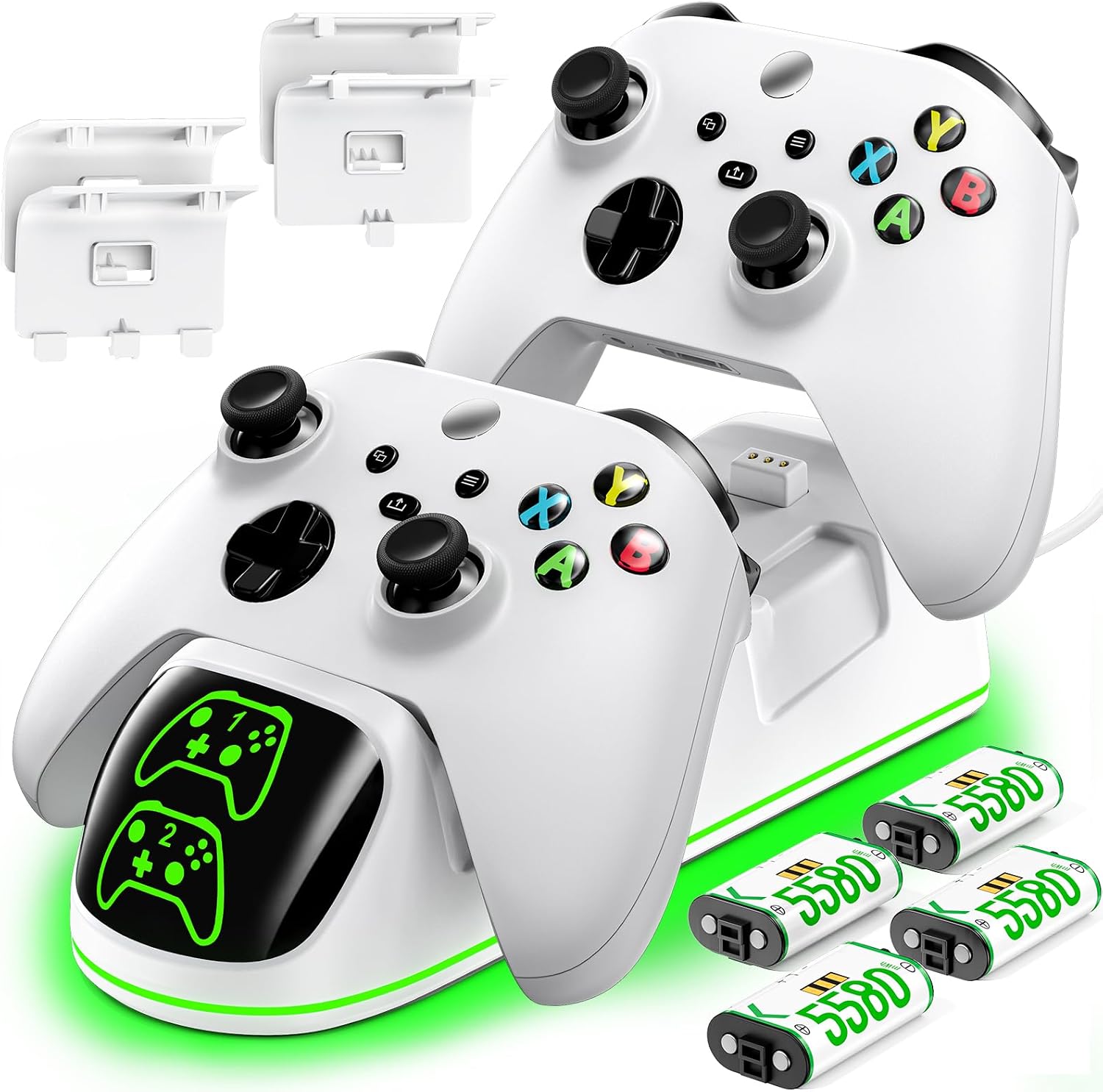 OlVO XSX Controller Charger for X/S/One/Elite, with 4x5580mWh Xbox Battery | 2-Hour Fast Charging Dual Dock, Charger Station with 4-Pack Rechargeable Batts & 4-Pack Covers, For Xbox One consoles,White