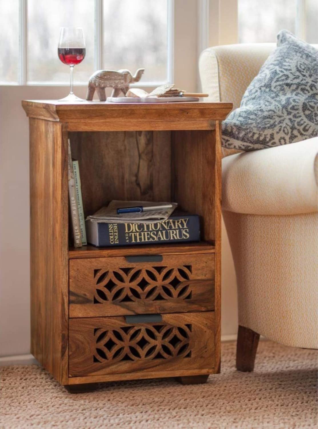 DIA Chitra Furniture Sheesham Wooden Bed Side End Table with 2 Drawers (Brown)-image-14