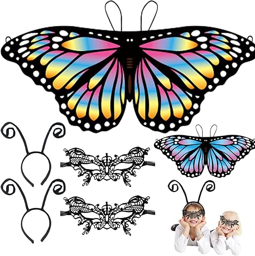 Miniatura 6 de Alas de mariposa para niños, 6 alas de mariposa de hada con máscara y diadema de antena, disfraz de chal de mariposa para niñas, disfraz de fiesta