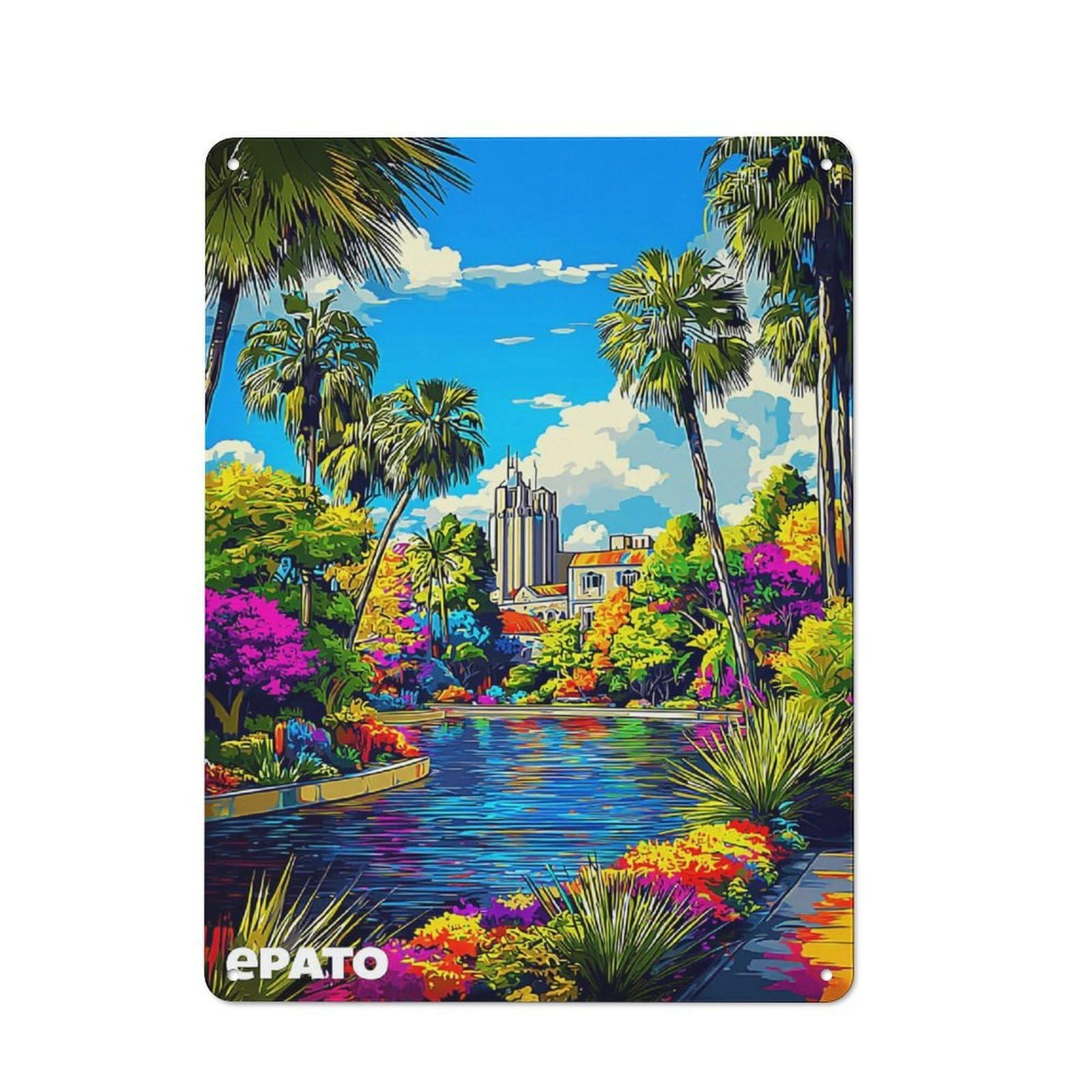 Junmoney Colorful Tropical Garden With Reflective Pond Retro Metal Sign 40X30cm For Lounge Or Reading Corner, For An Autumn Wall Display In Lounge And Reading Corner