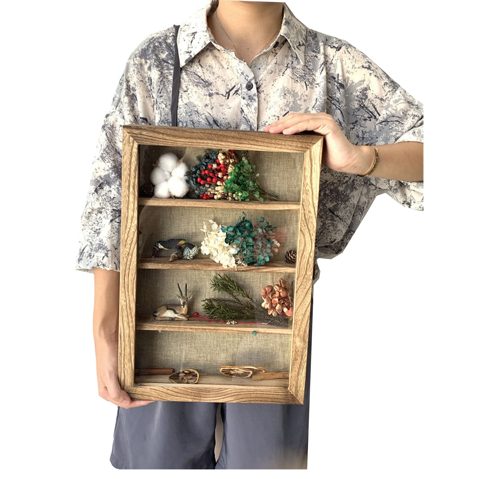 WANLIAN Shadow Box Frame with Acrylic 11x14INCH Wooden Shadow Box Display Case with 3 Detachable Shelves & Linen Back, Wall-Mounted Deep Display Box Picture Frame for Photos Memorabilia (Carbonized)