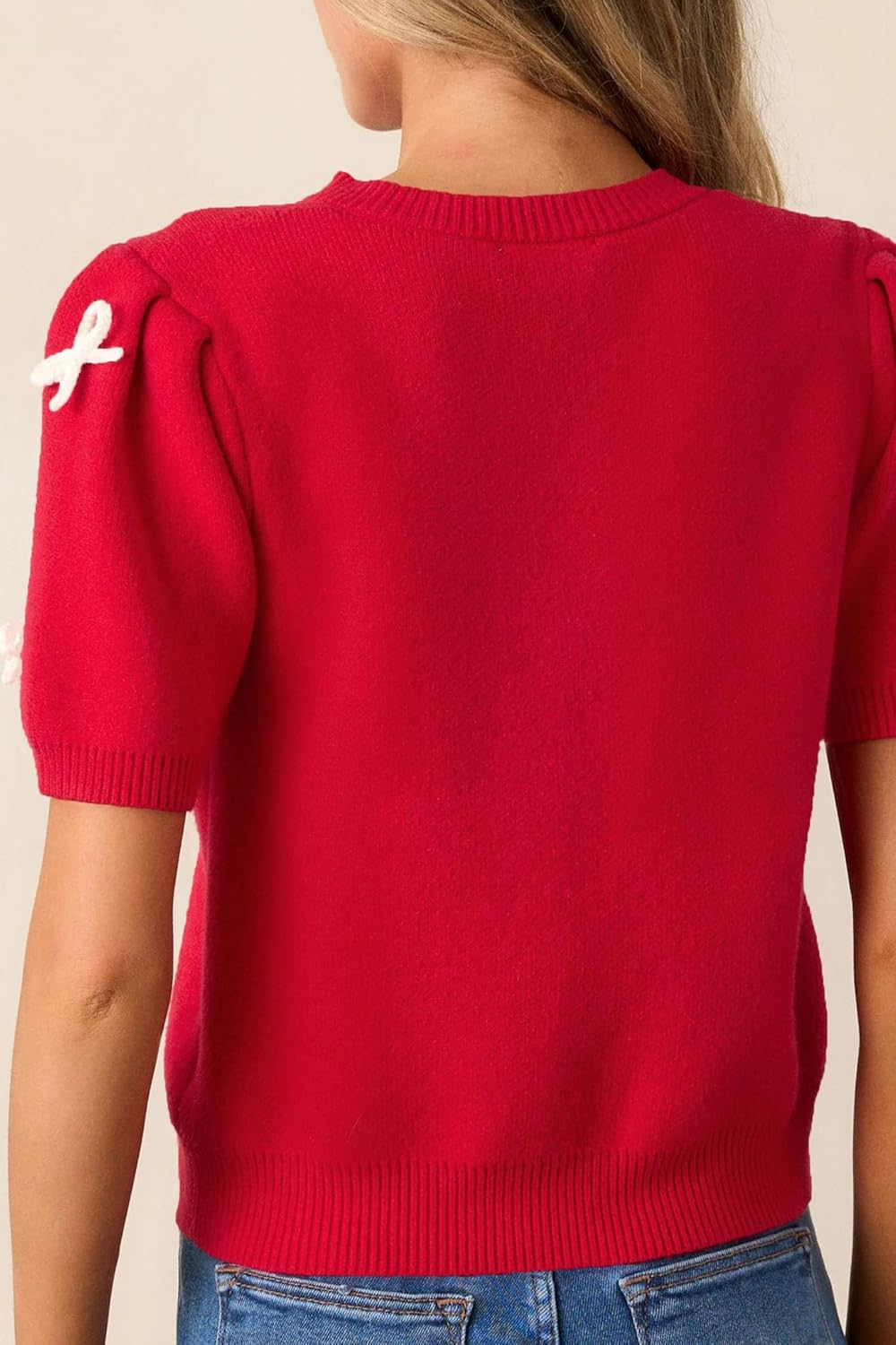 Kedera Women's Casual Short Knit Bow Sweater Crew Neck Puff Sleeve Shirts Sweater Loose Blouses Tops - Image 6