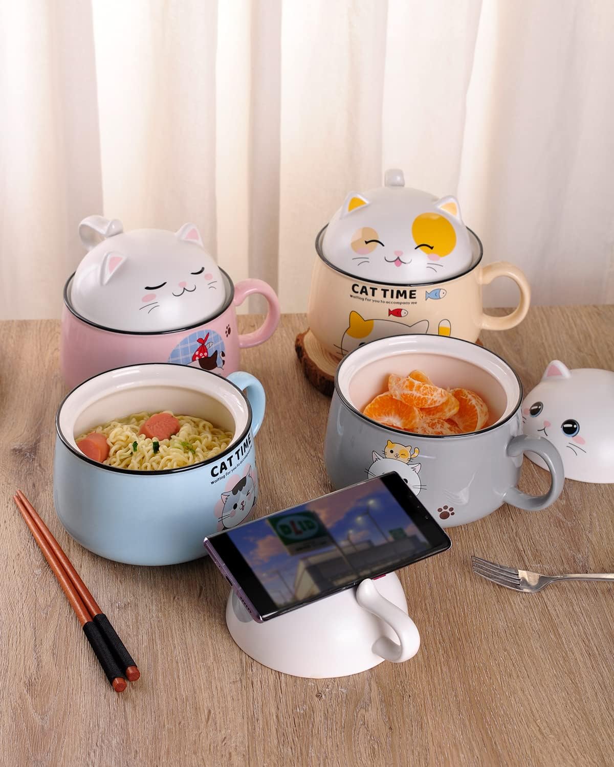 WHJY Cute Ramen Bowl Set，Kitty Ramen Bowl with Lid, Microwavable Ramen Cooker for Instant Ramen Noodles Soup Cups With Lid – 35 oz, Grey