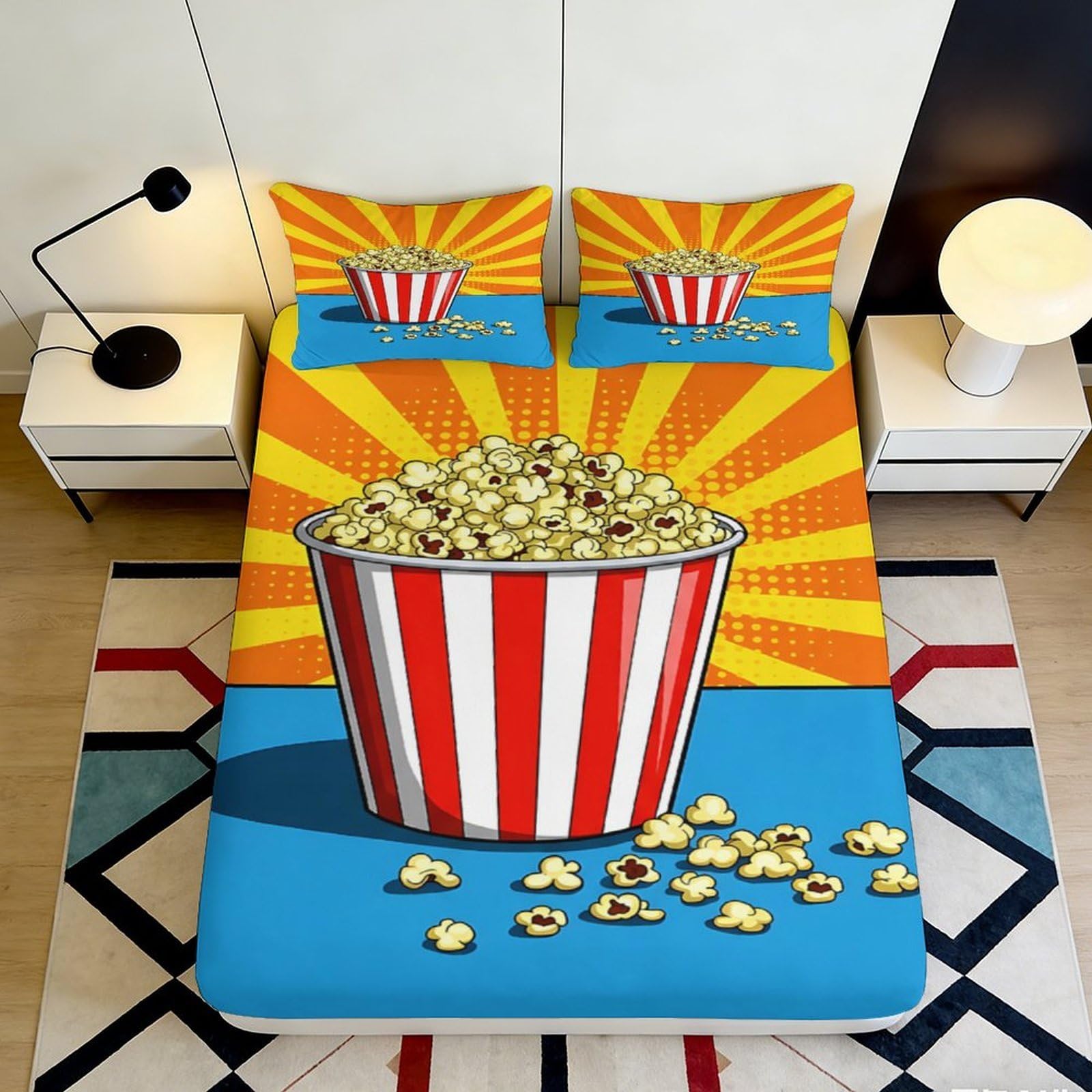 3D Printed Popcorn Cinema Fitted Sheet Microfiber Soft Breathable Movie Night Bed Cover for Bedroom Dorm Decor 90x200x25cm