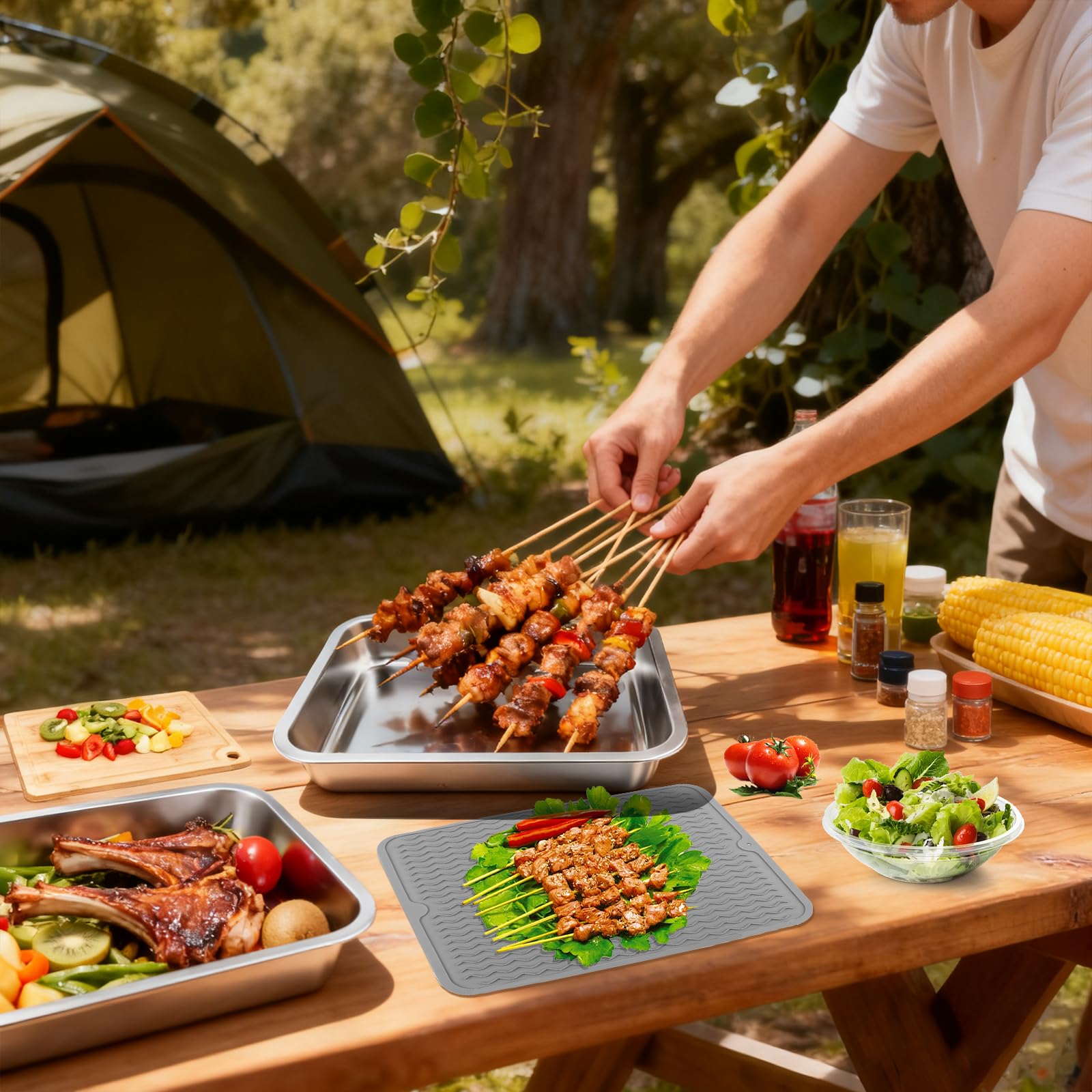 Kalolary Set di vassoi per la preparazione del barbecue, in acciaio inox, per la preparazione del barbecue, per la marinatura