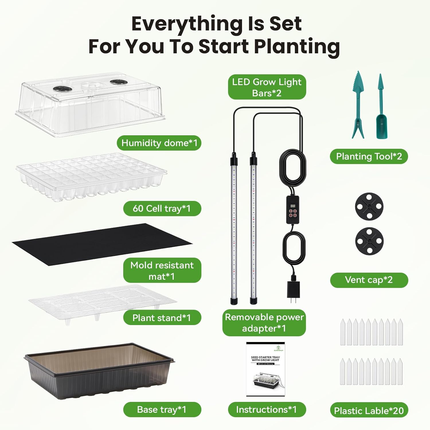 Seed Starter Tray with Grow Light - 60 Cells Self-Watering Seed Starter Kit with 24/7 LED Grow Light, 4’’ Humidity Dome for Herbs, Indoor Plant Germination (1)