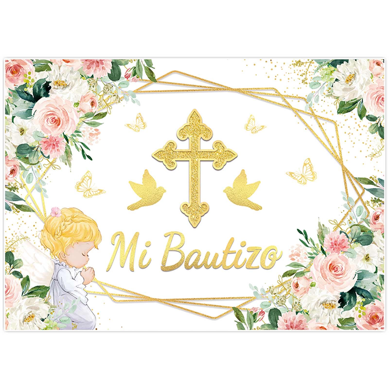 Buy Allenjoy 82 X 59 Pink And Gold Floral Baptism Backdrop For Baby 