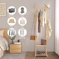 Vista 5 de Estante de abrigos de madera maciza independiente con ruedas y 2 estantes de almacenamiento y 5 ganchos, estante de ropa resistente, árbol de Madera