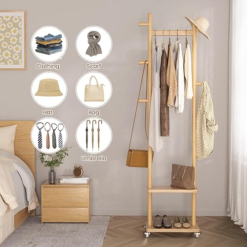 Miniatura 5 de Solid Wood Coat Rack Freestanding Clothing Rack with Wheels & 2 Shelves Storage & 5 Hooks Heavy Duty Clothes Rack Wood Coat Tree Stand Hat Hanger