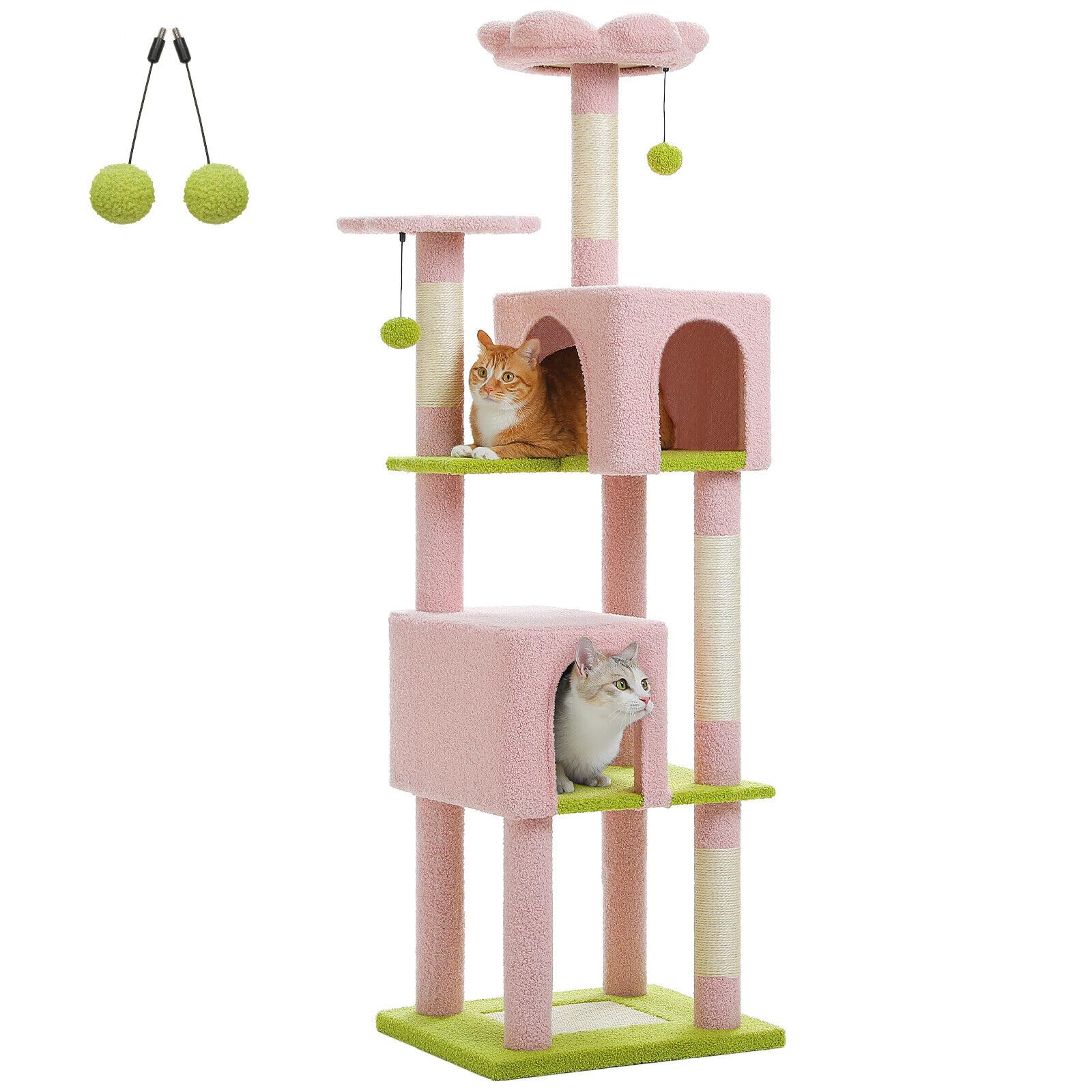 PAWZ Road Cat Tree, 157cm Cat Tower for Indoor Cats, Multi-Level Cat Condo Furniture with 4 Scratching Posts, 2 Top Perches, Cat Scratcing Pad, 2 Large Condos, Pink - Pink