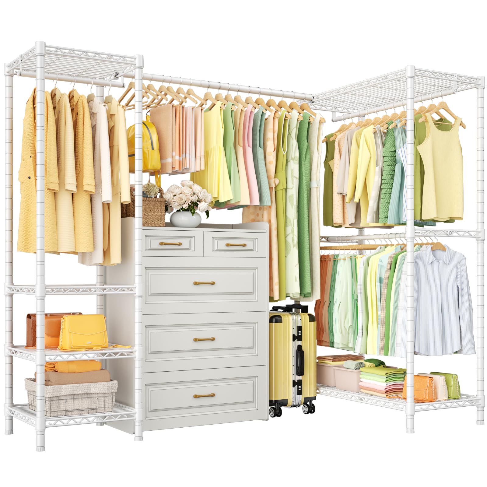 Condition photo showing New/Like New for ulifhome e10l l-shaped clothes rack for corner with expandable hanger rod heavy duty freestanding clothing racks for hanging clothes portable garment rack 58-82"w x 30"d x 72"h max load 900lbs, white
